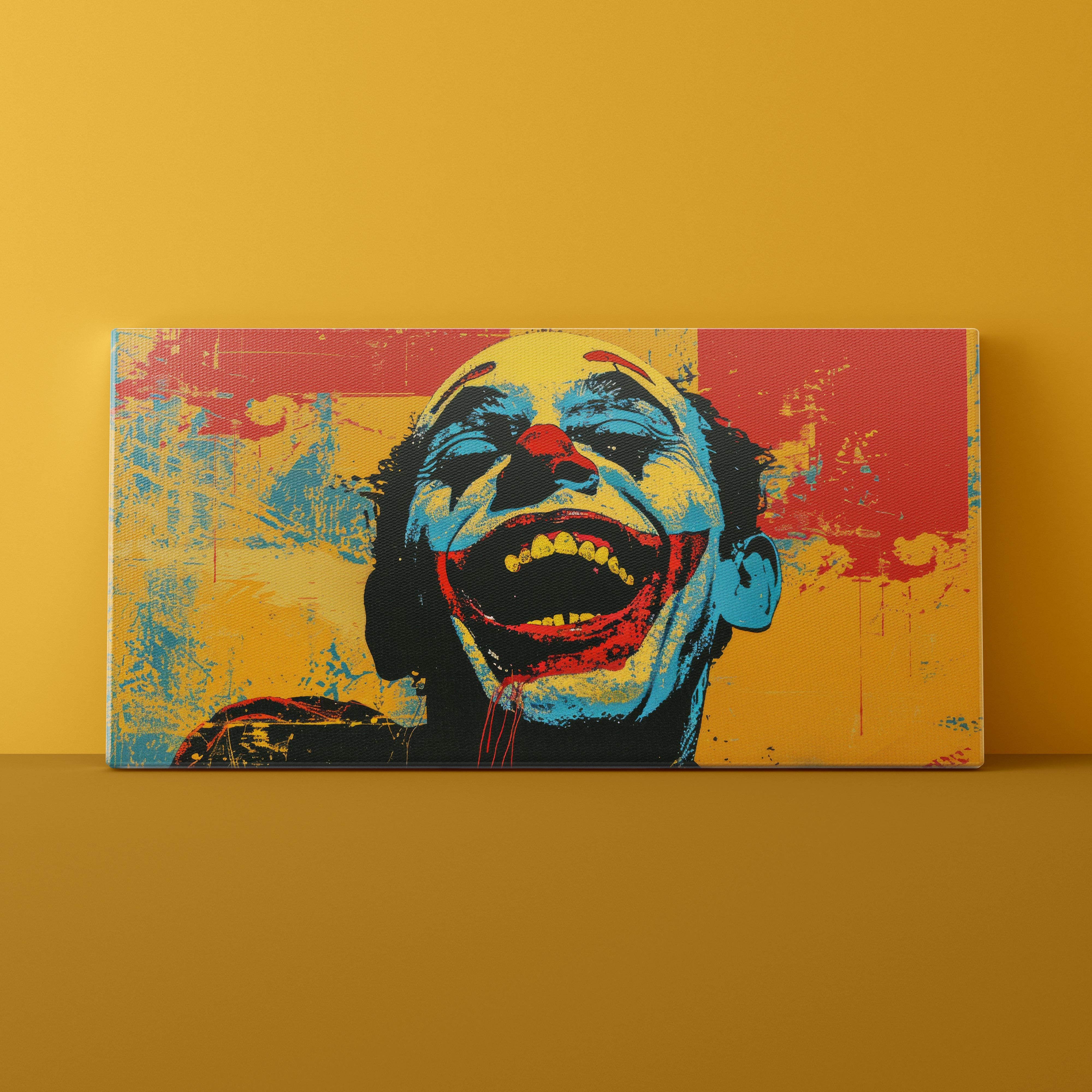 Colorful abstract painting of a face on a yellow wall