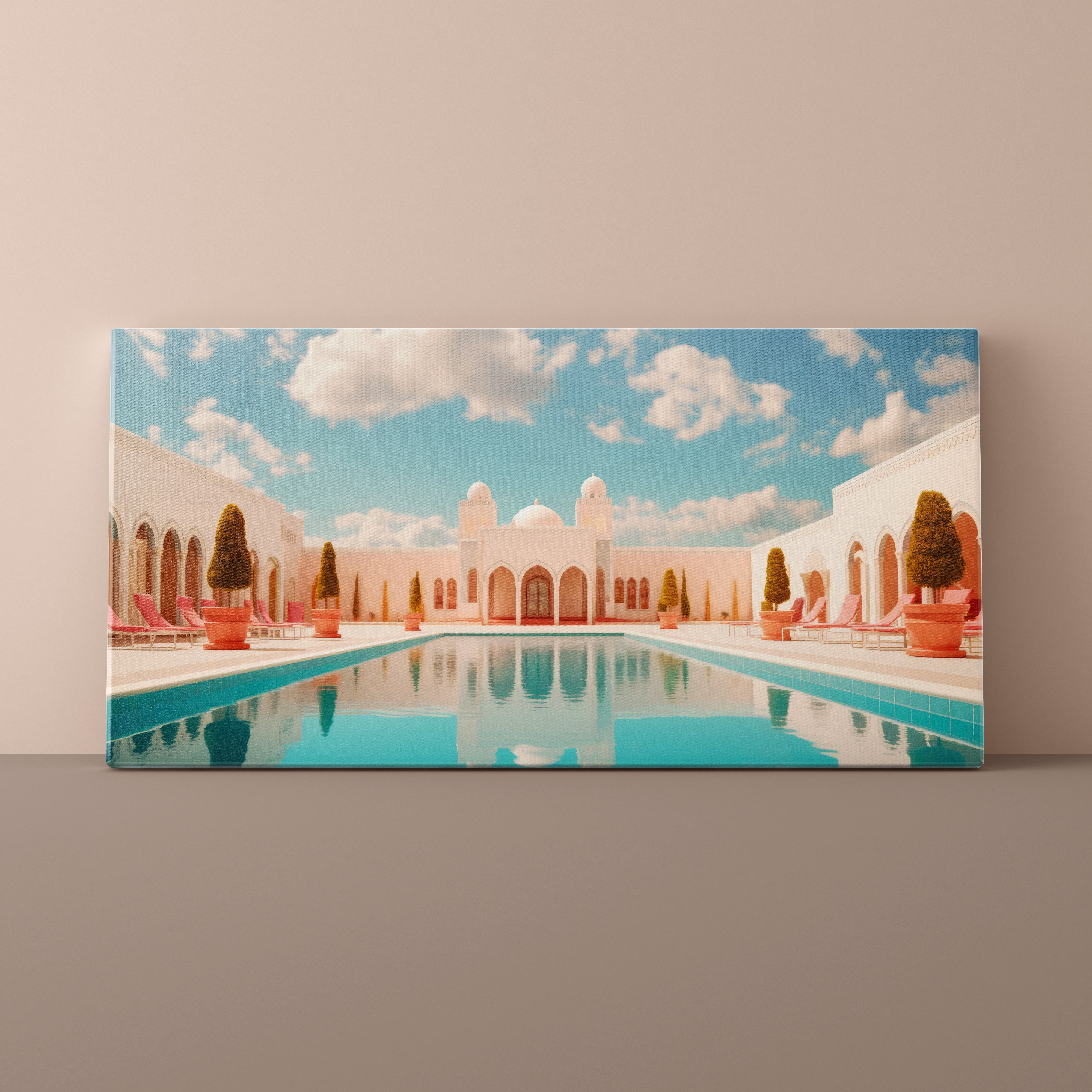 Canvas print of a pool scene with chairs and trees against a beige wall.