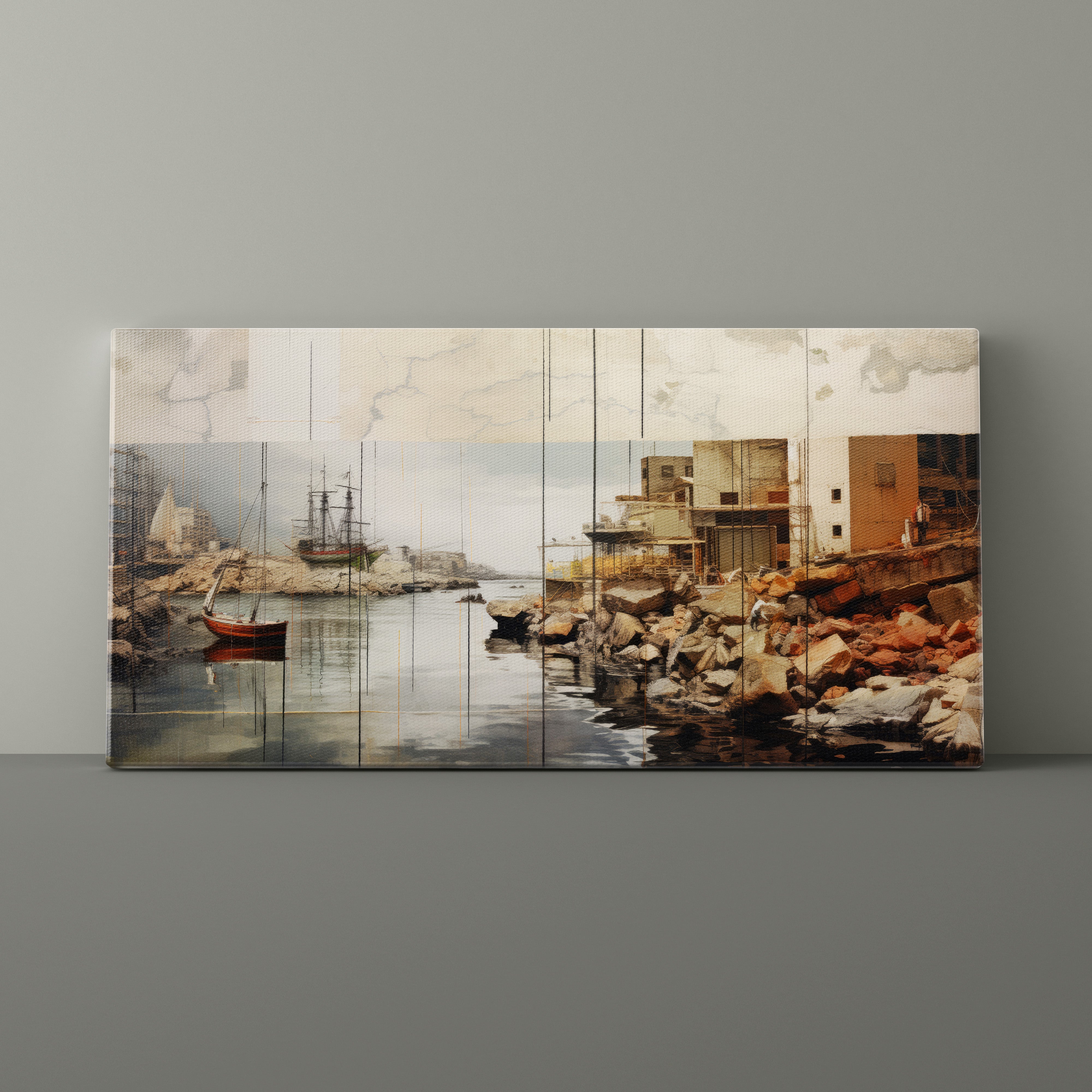 Multiframe artwork of a coastal scene with boats and buildings on a gray wall.