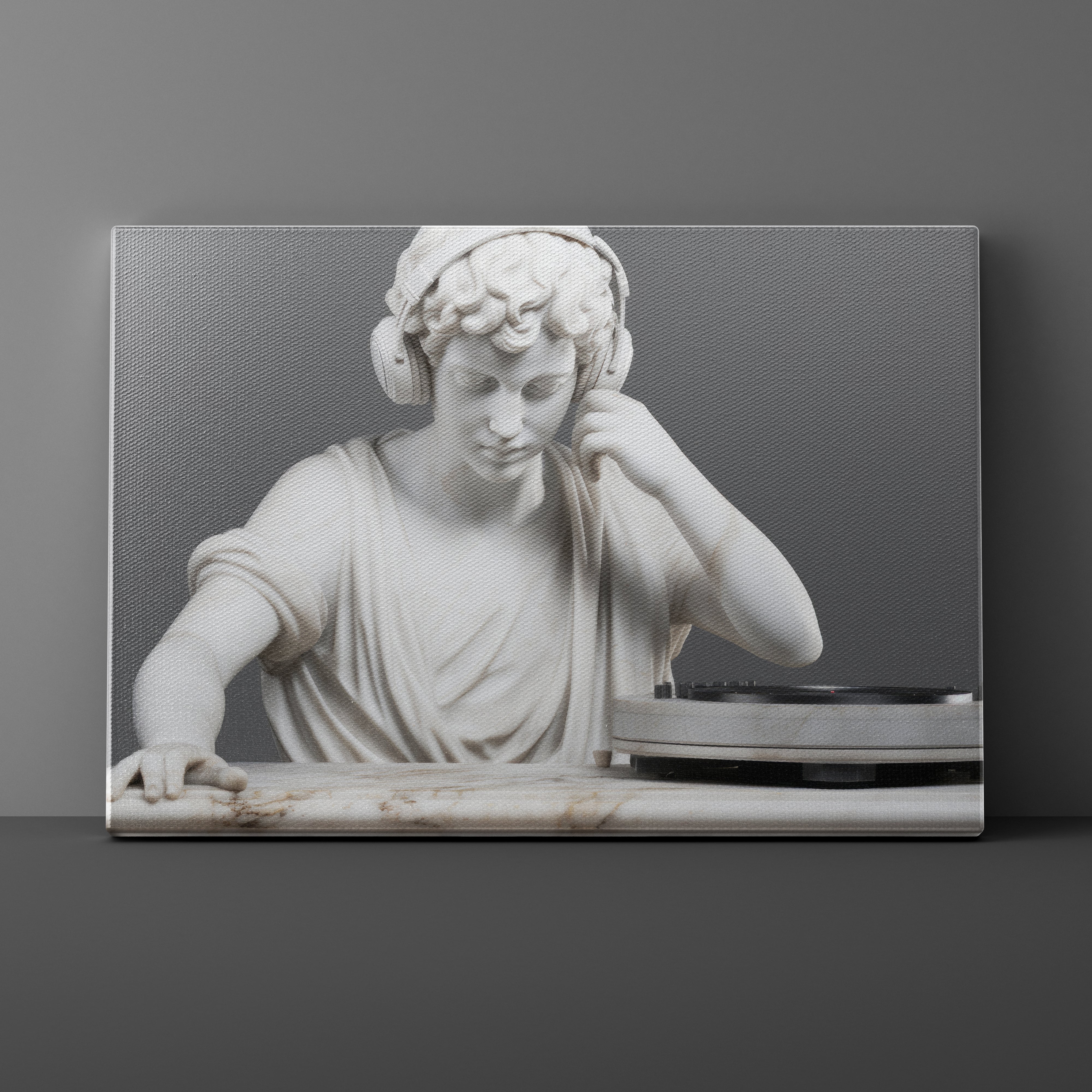 Statue of a classical figure wearing headphones and interacting with a turntable on a gray background