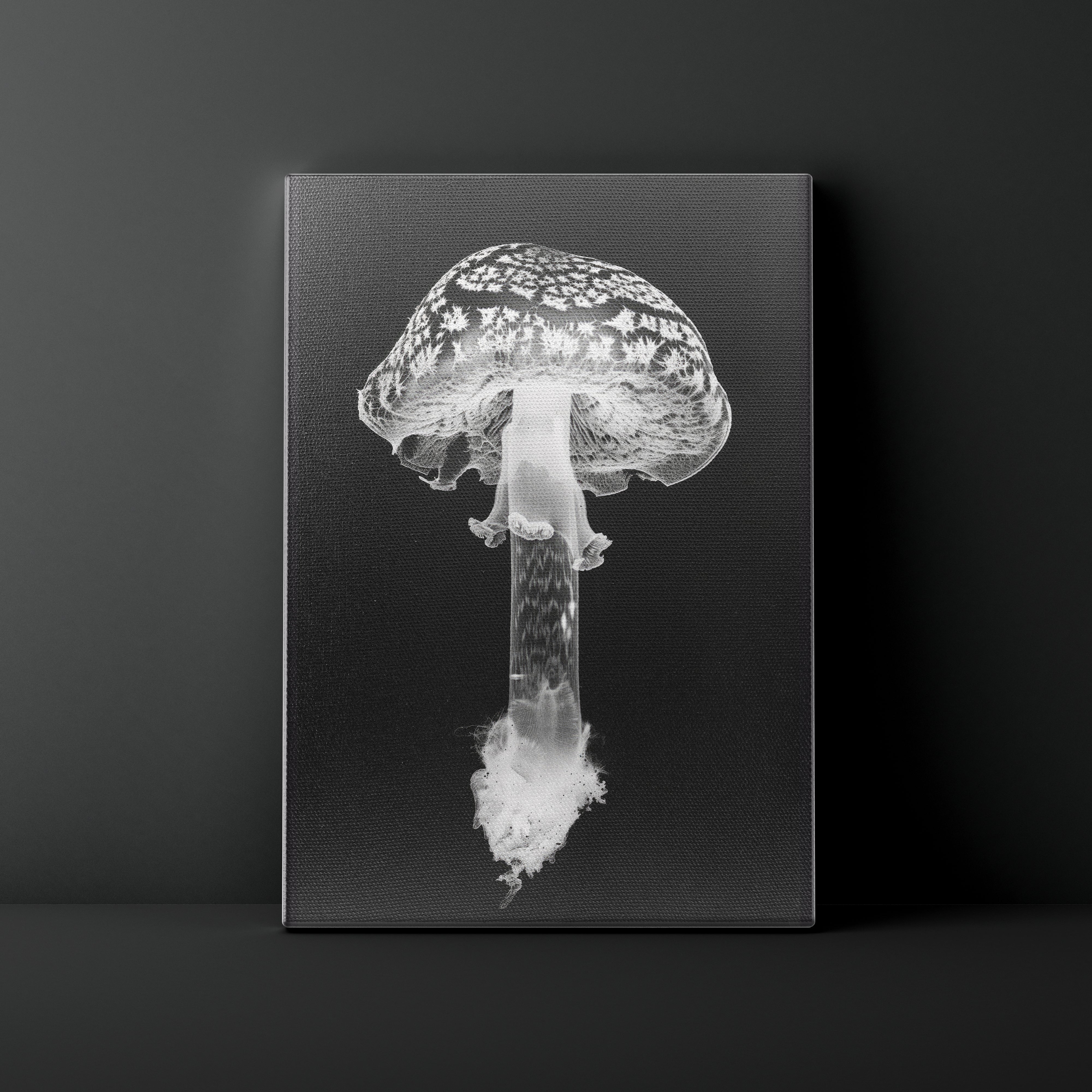 Canvas print of a black and white mushroom on a dark background