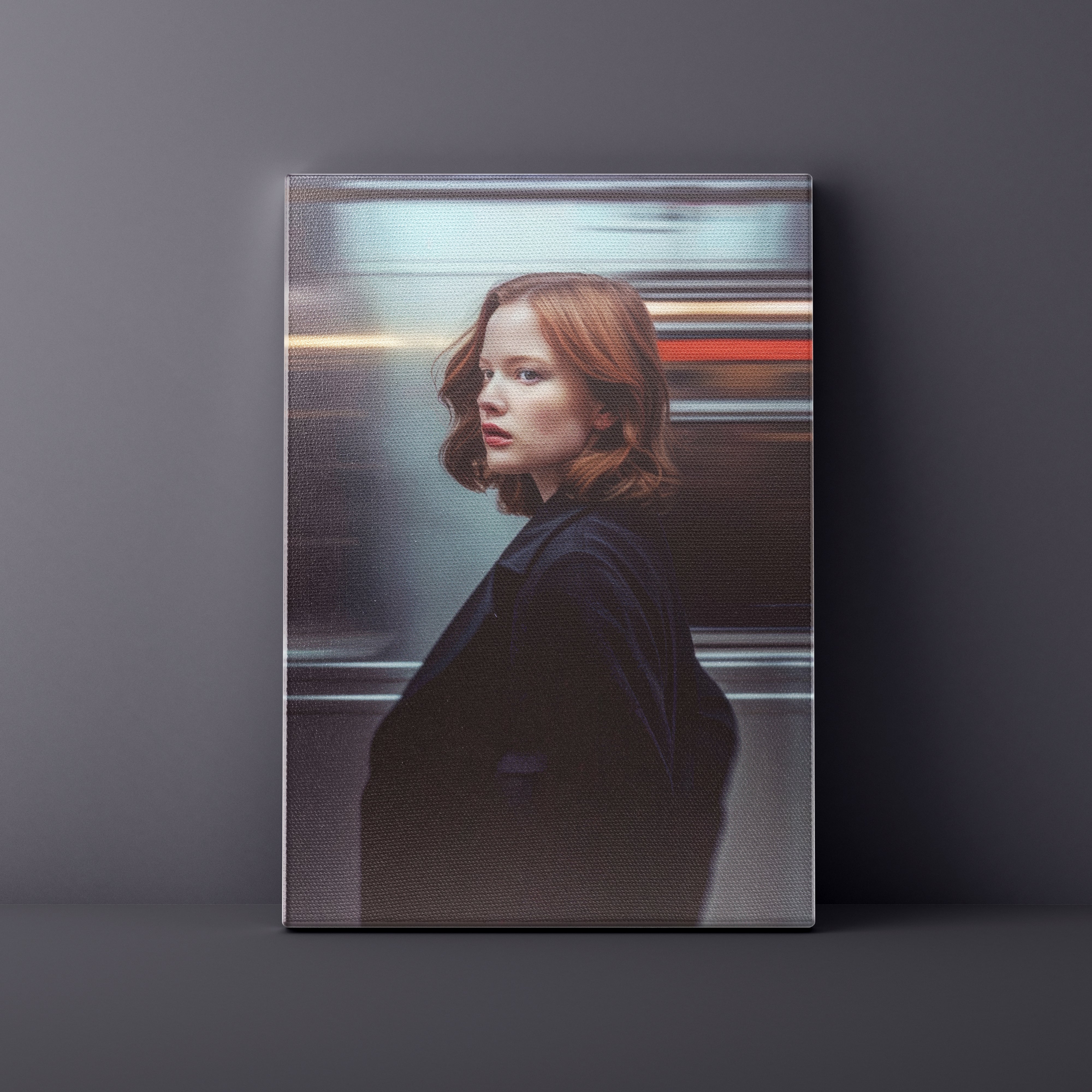 Framed artwork of a woman on a subway with blurred motion effect