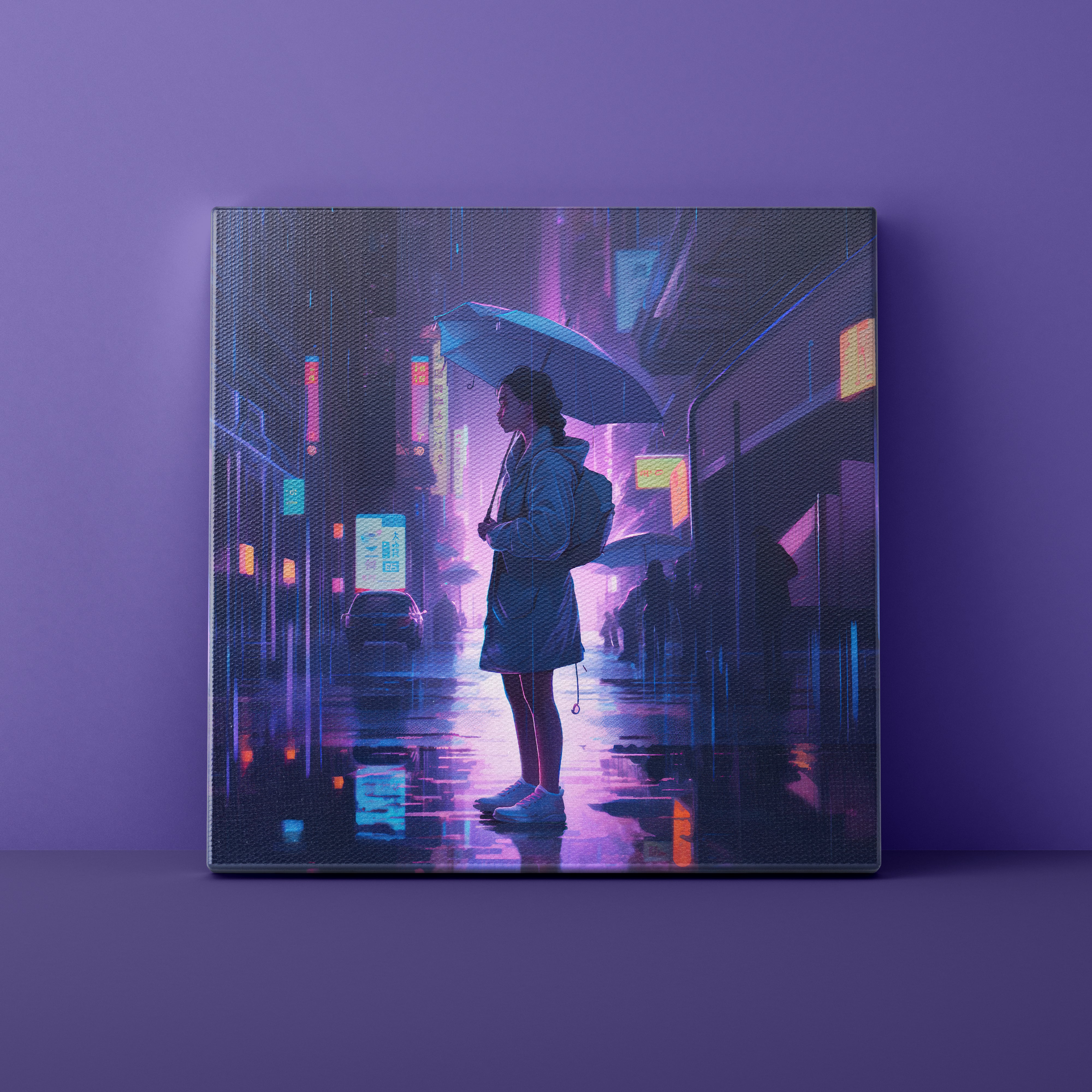 Canvas print of a person with an umbrella in a futuristic cityscape on a purple background