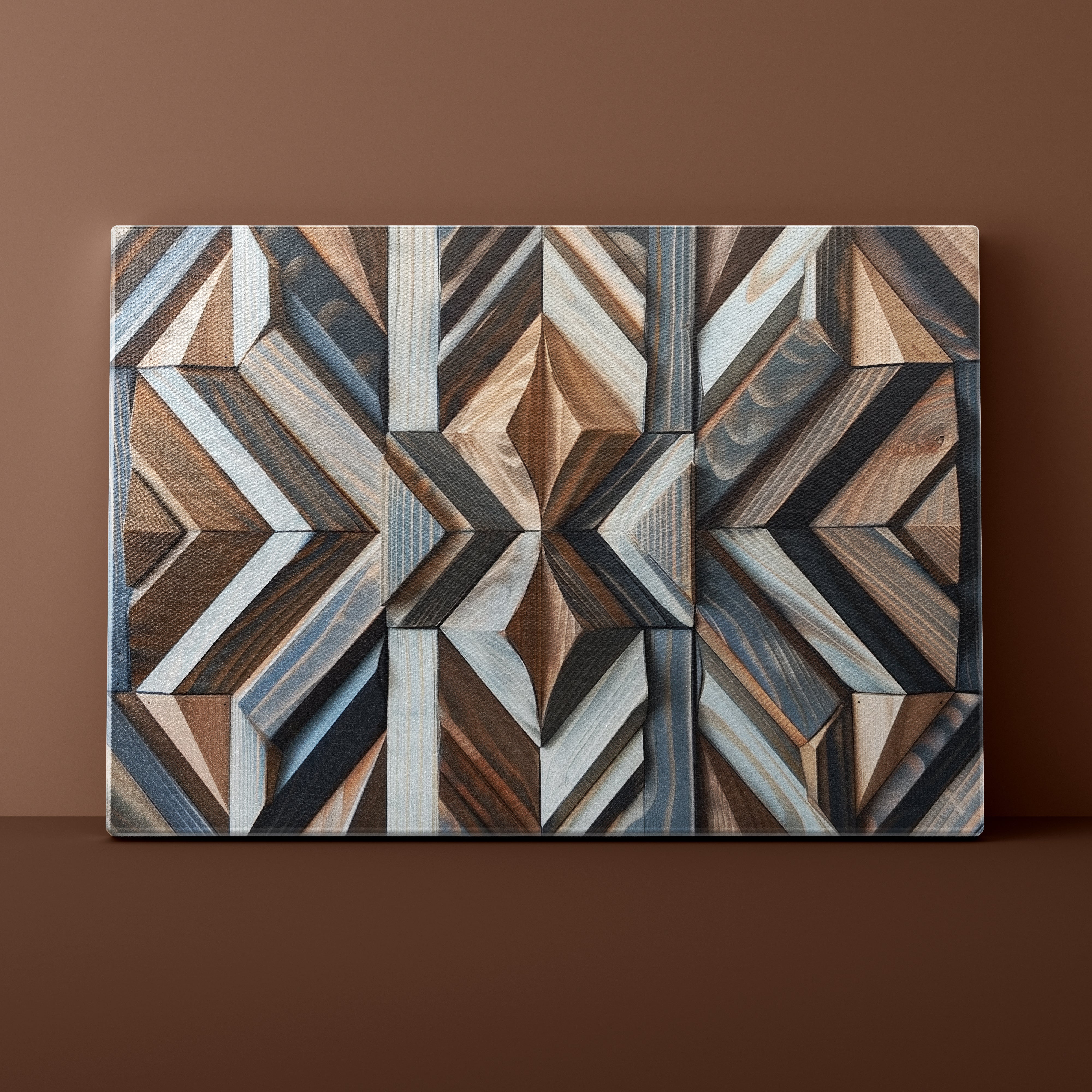 Geometric wood-patterned wall art on a brown background