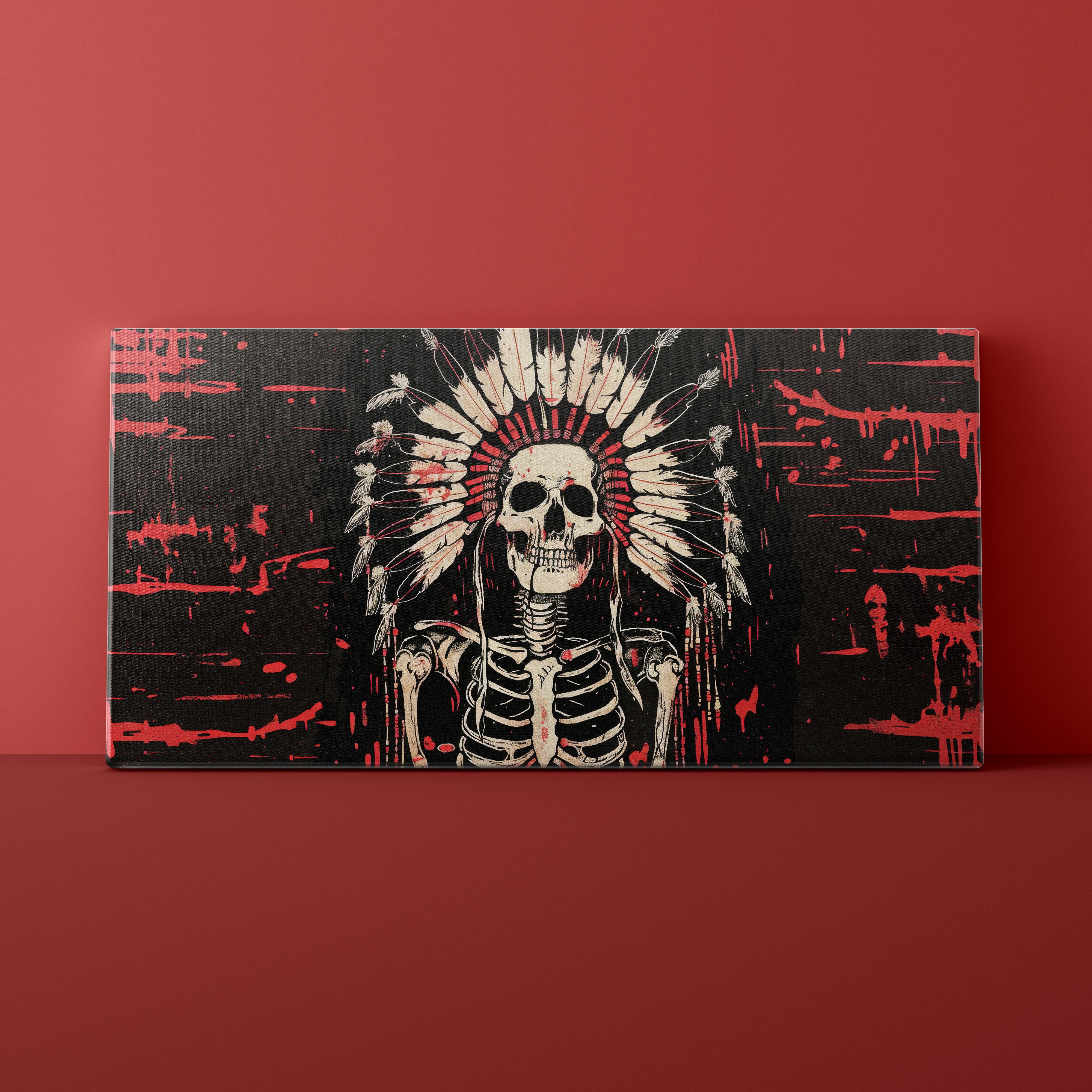 Canvas print with a skeleton wearing an headdress on a red background