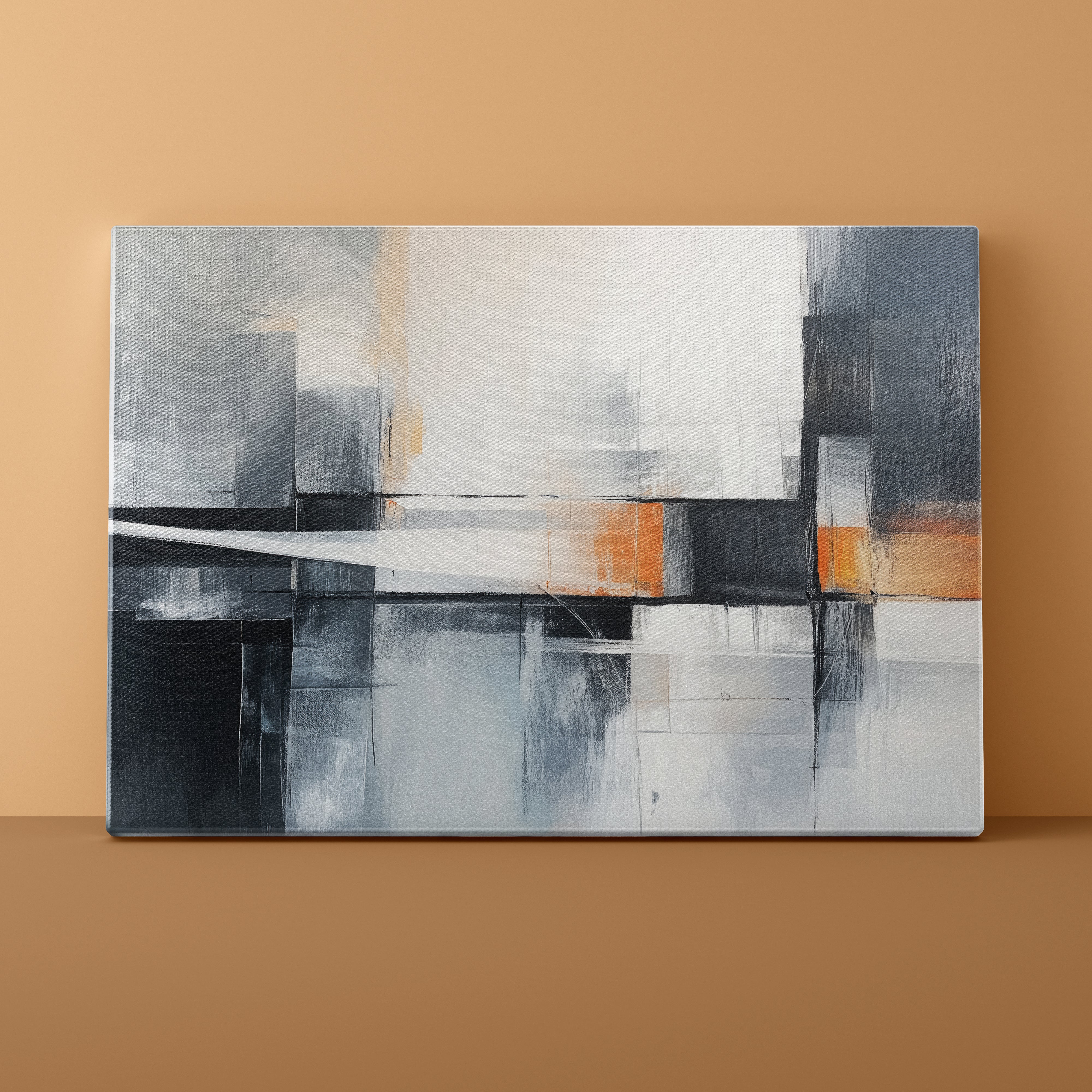 Abstract painting with geometric shapes on a beige wall