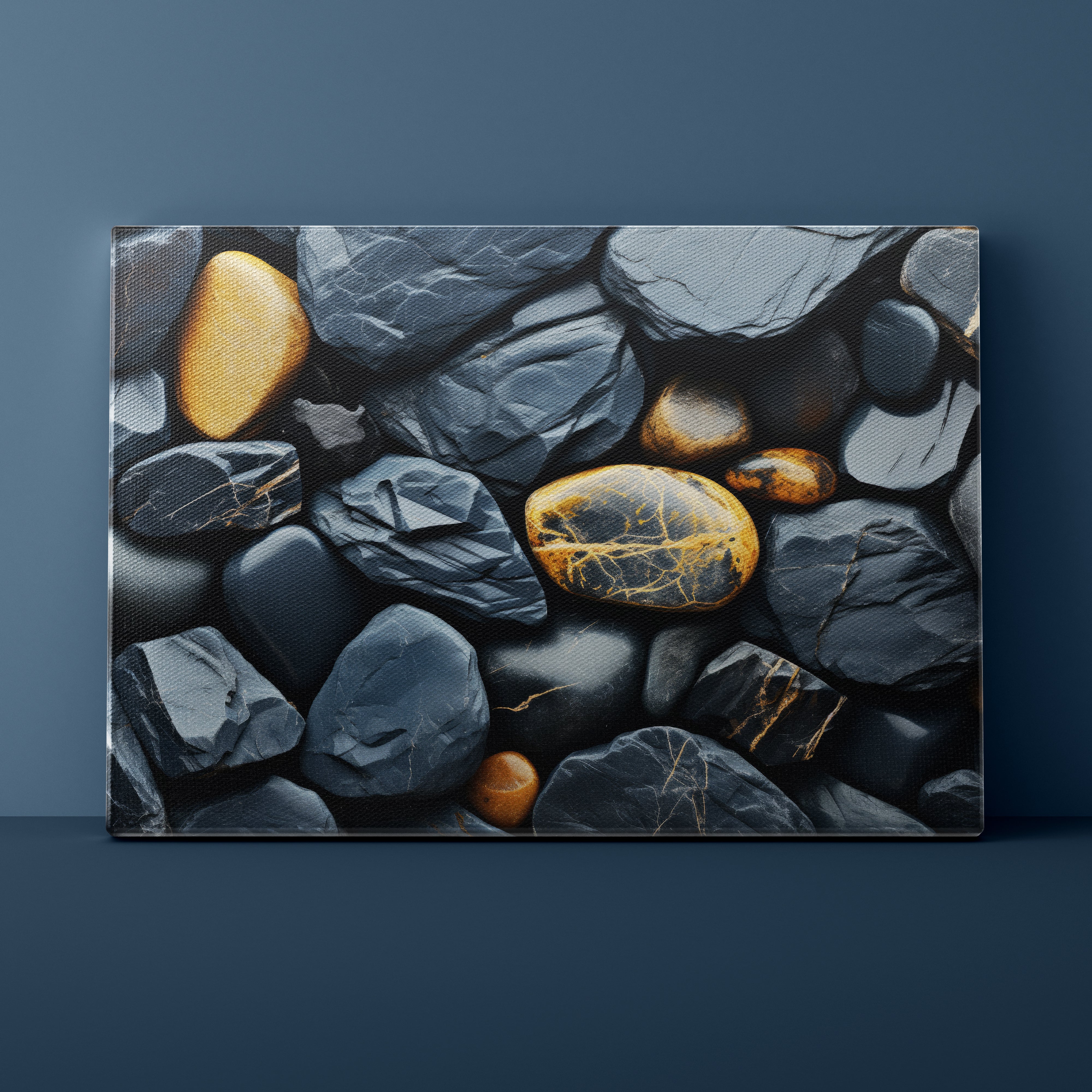 Canvas print of pebbles with gold accents on a dark blue wall