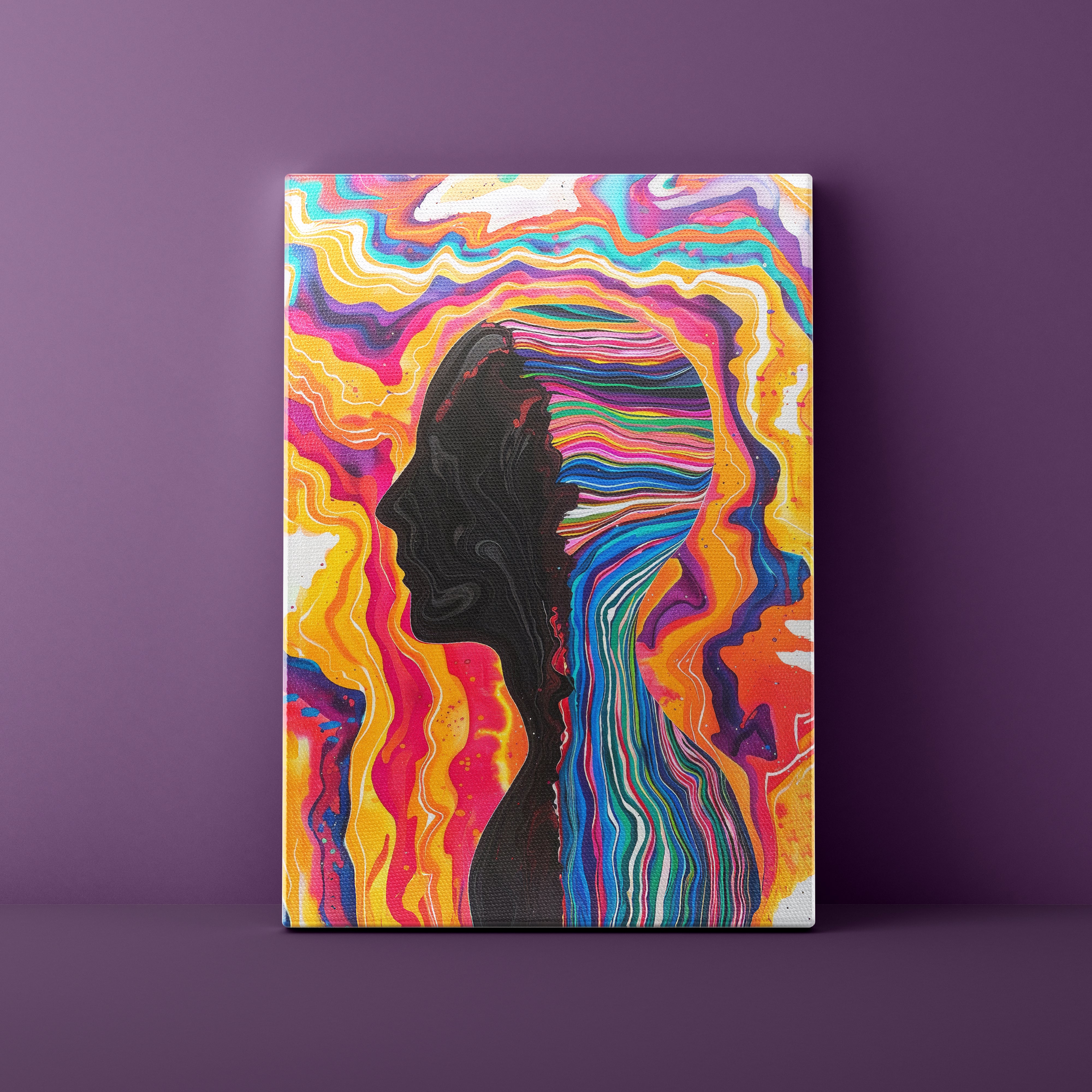 Colorful abstract painting with a silhouette of a face on a purple background