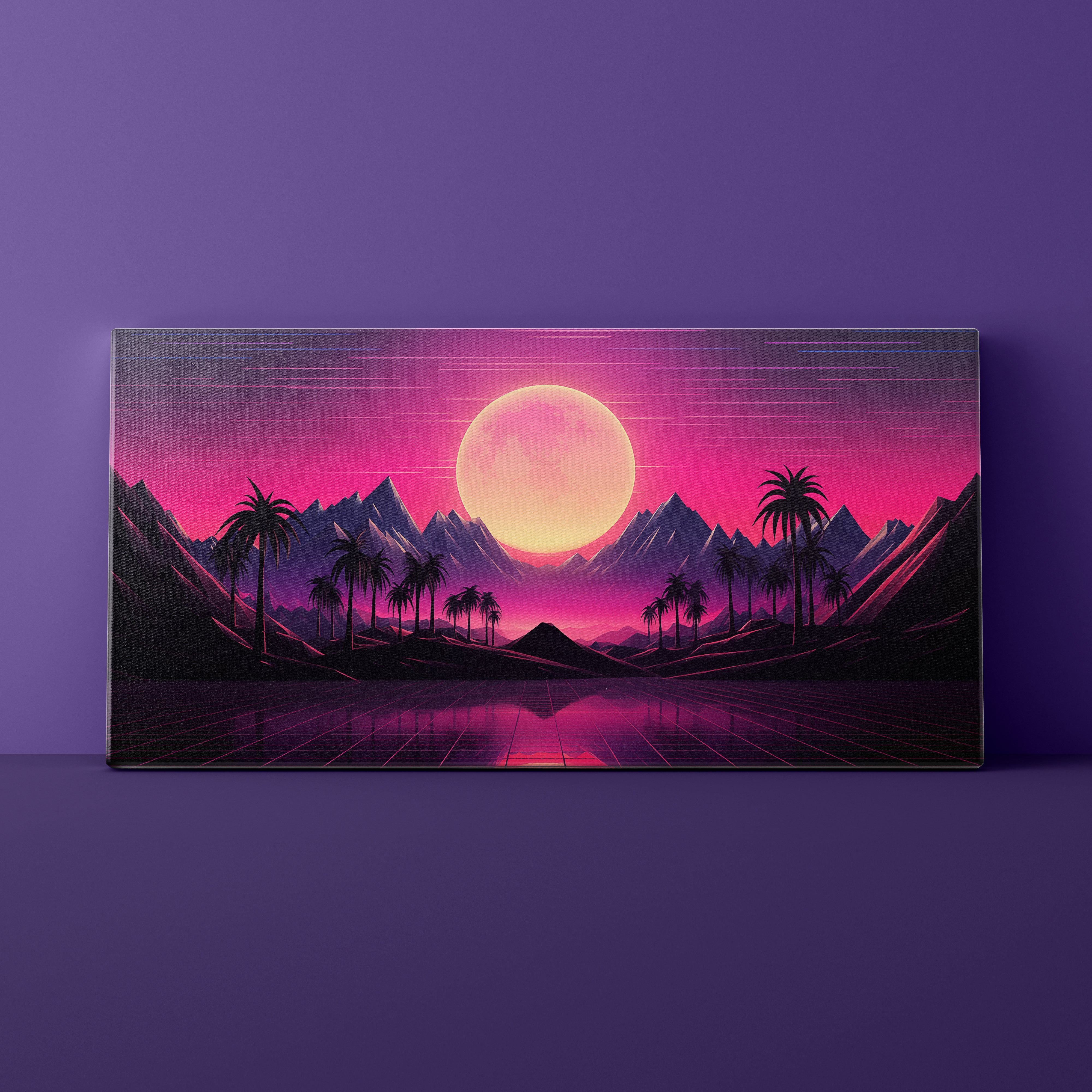 Canvas print of a futuristic landscape with a pink moon on a purple background