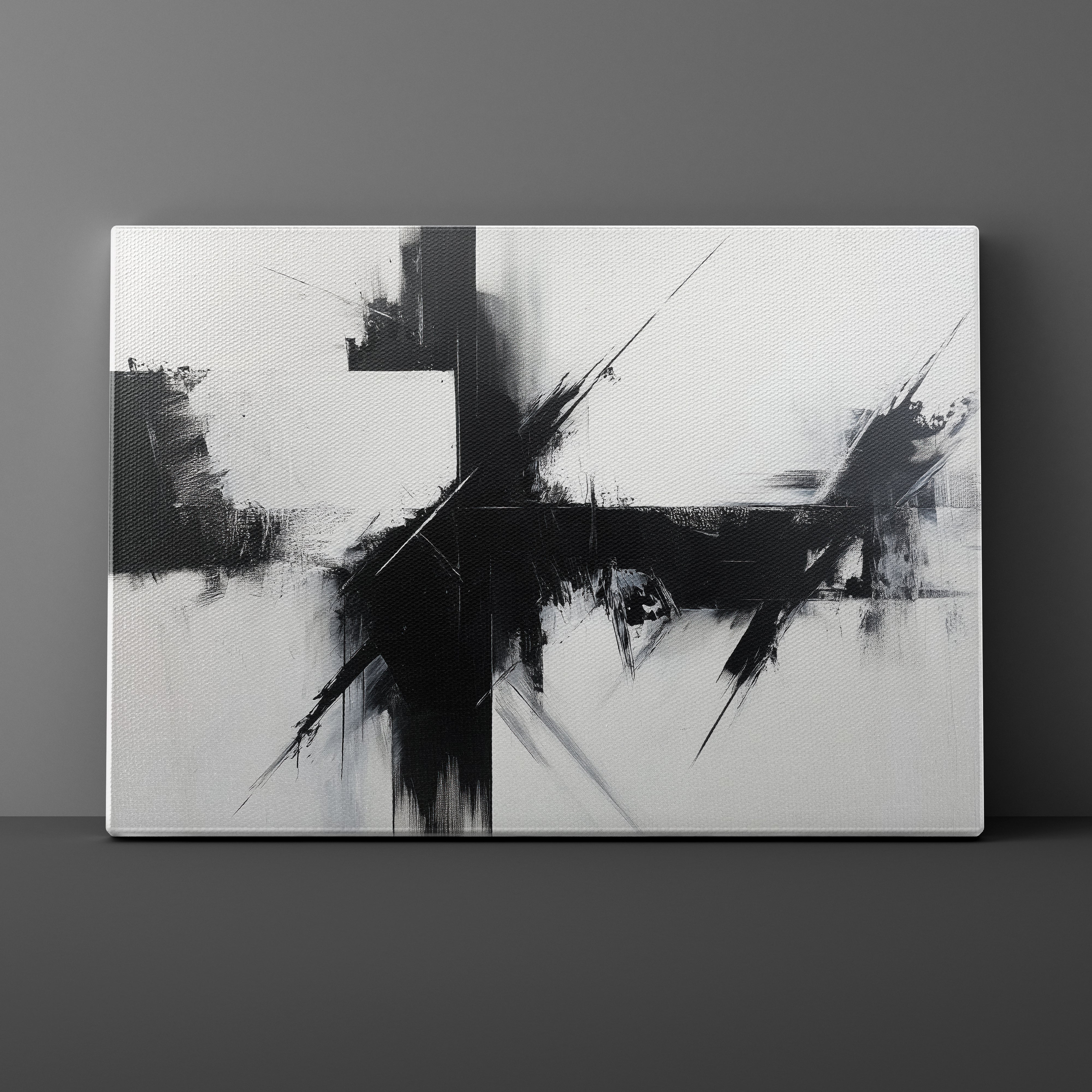 Abstract black and white painting on a dark gray wall