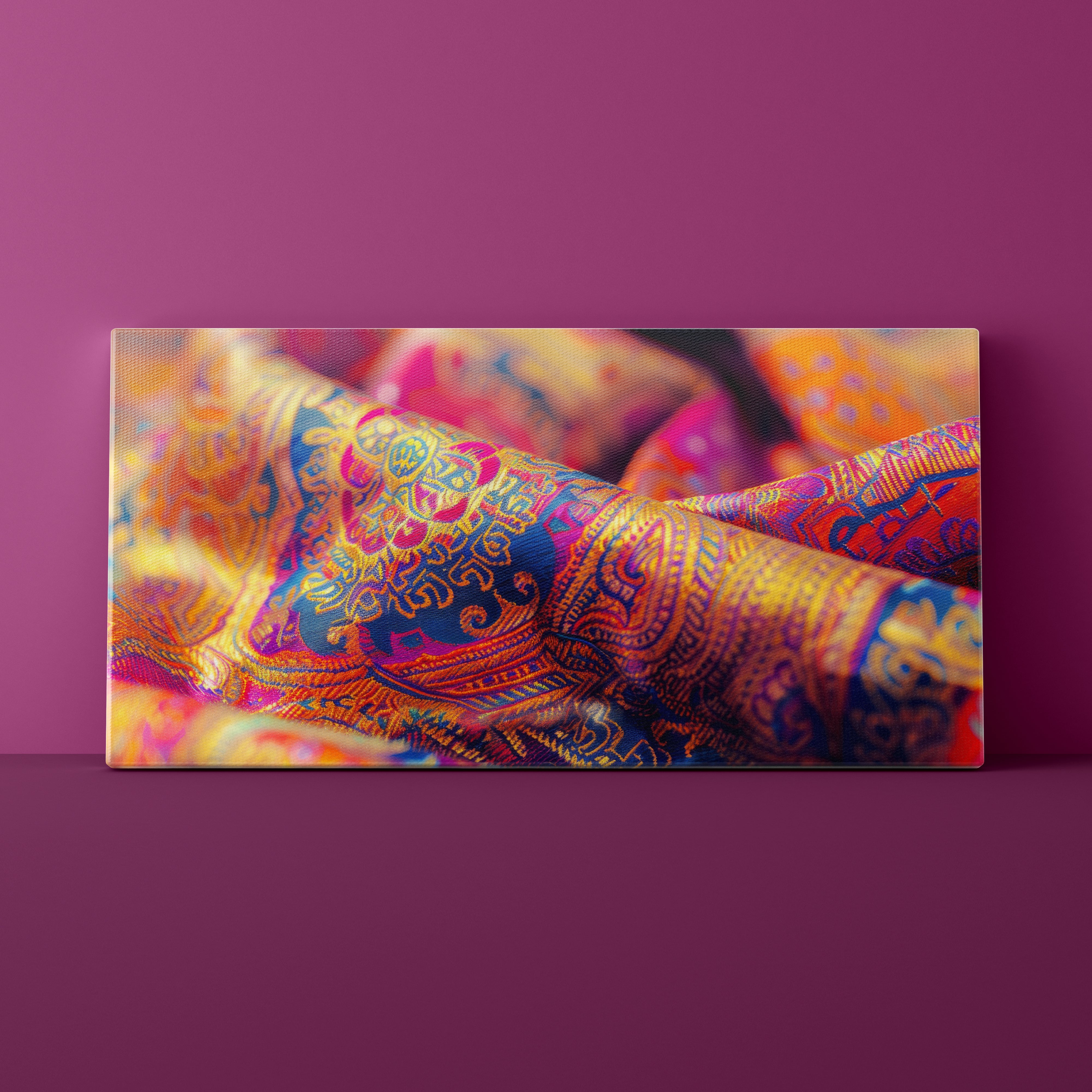 Colorful fabric with intricate patterns on a purple background