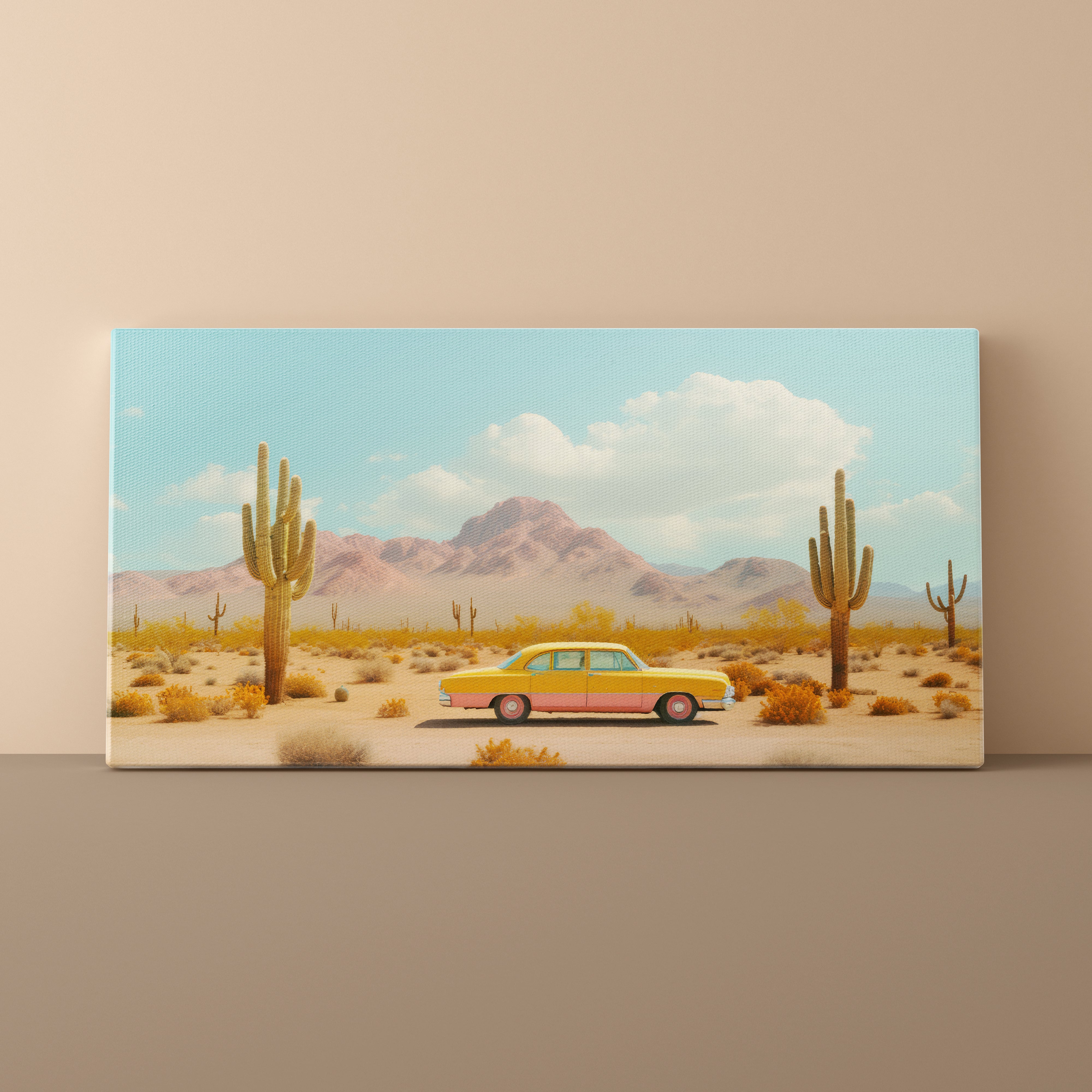 Desert scene with a vintage car and cacti on a beige wall