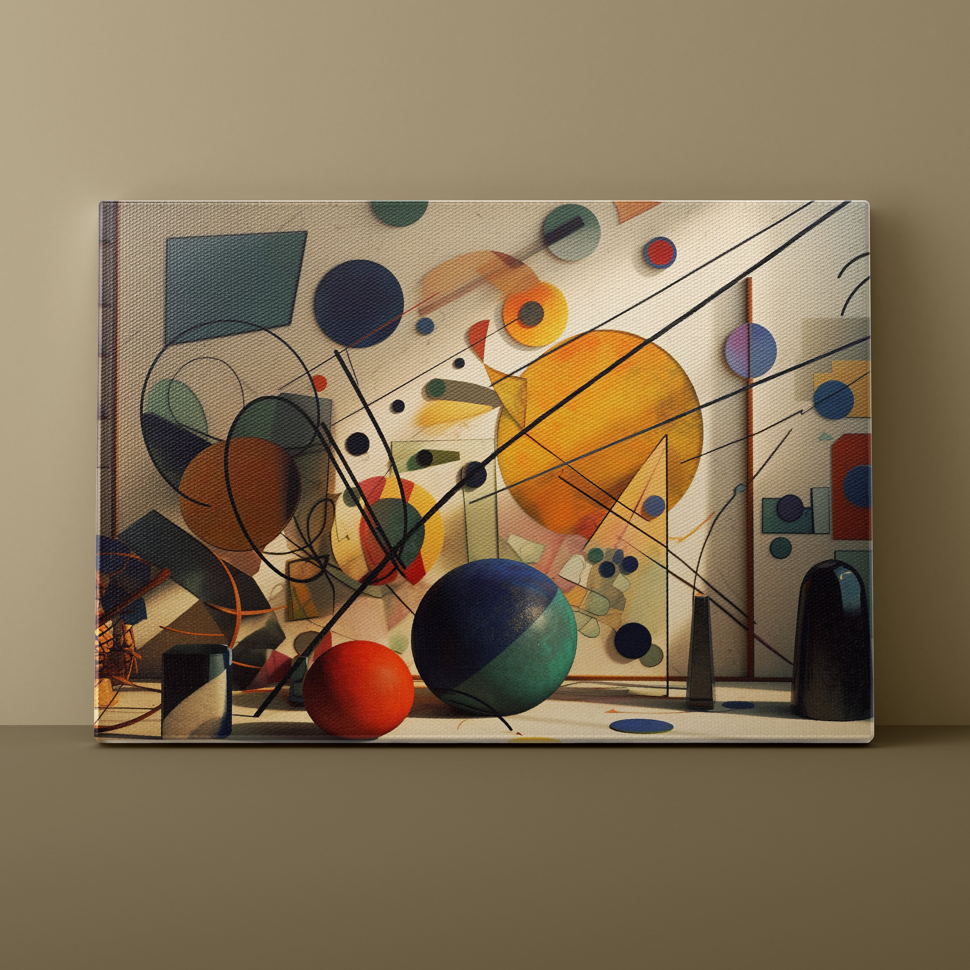 Abstract art piece with colorful geometric shapes on a beige wall.