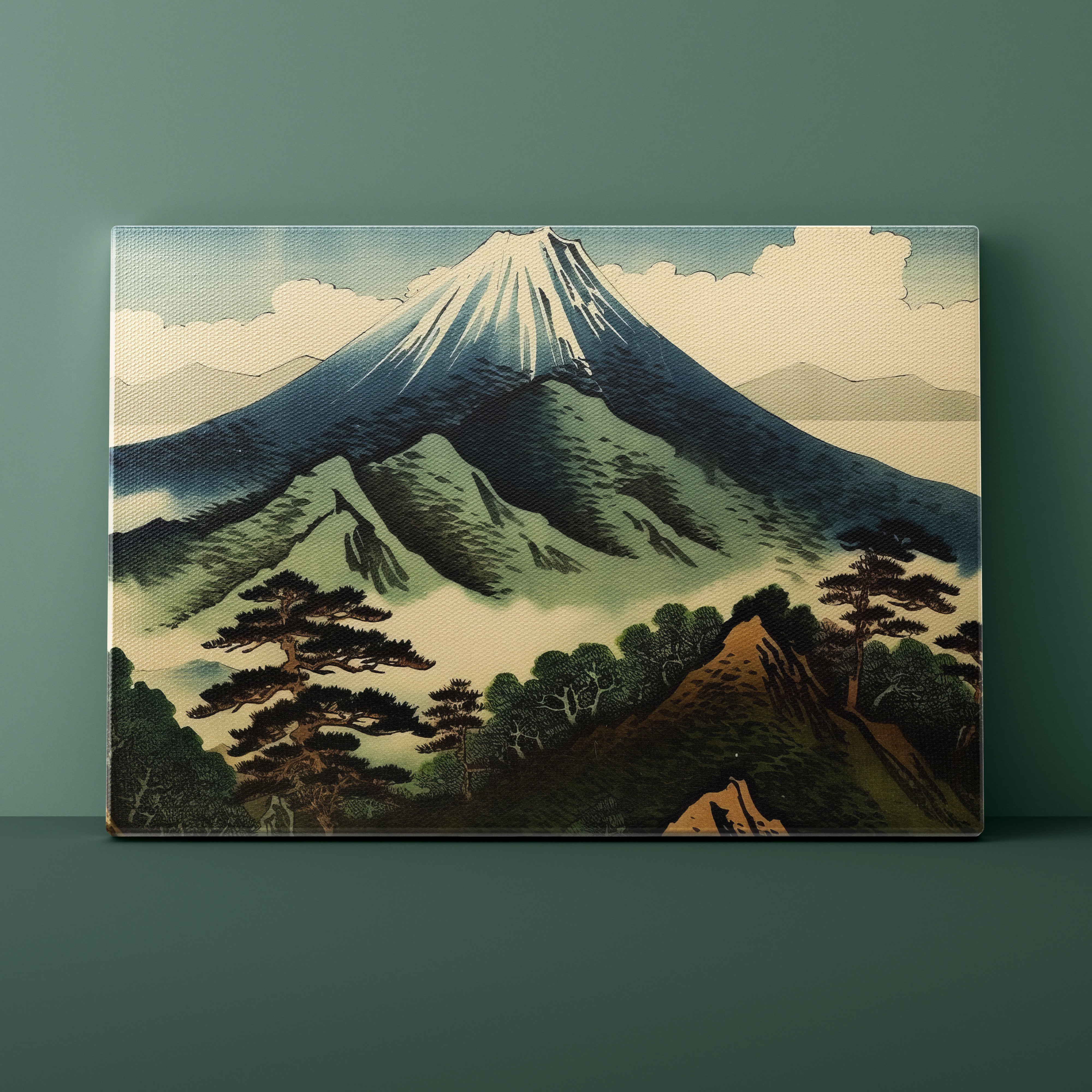 Canvas print of a mountain landscape with trees and a traditional building on a green wall.