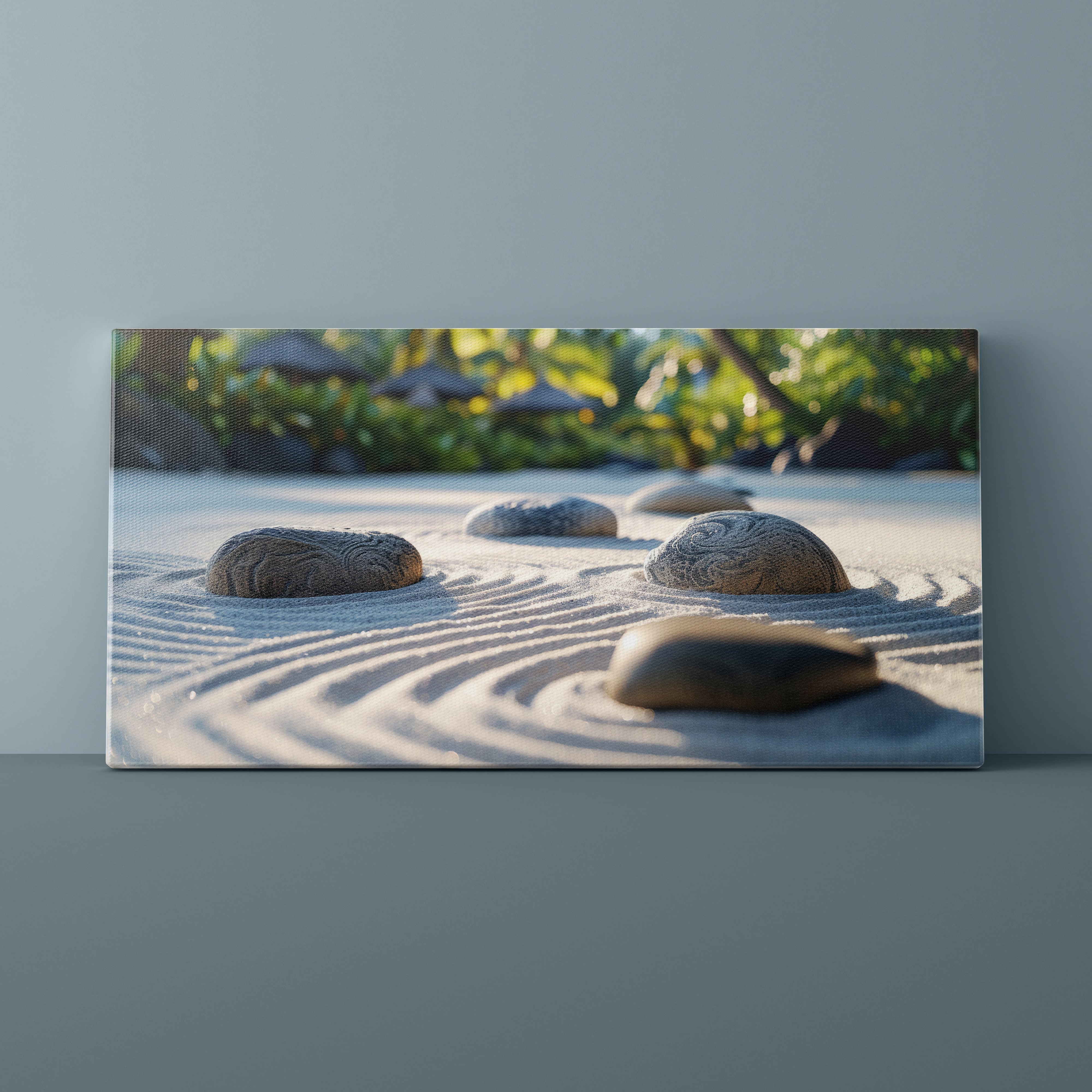 Canvas print of a zen garden with rocks and raked sand on a gray wall.