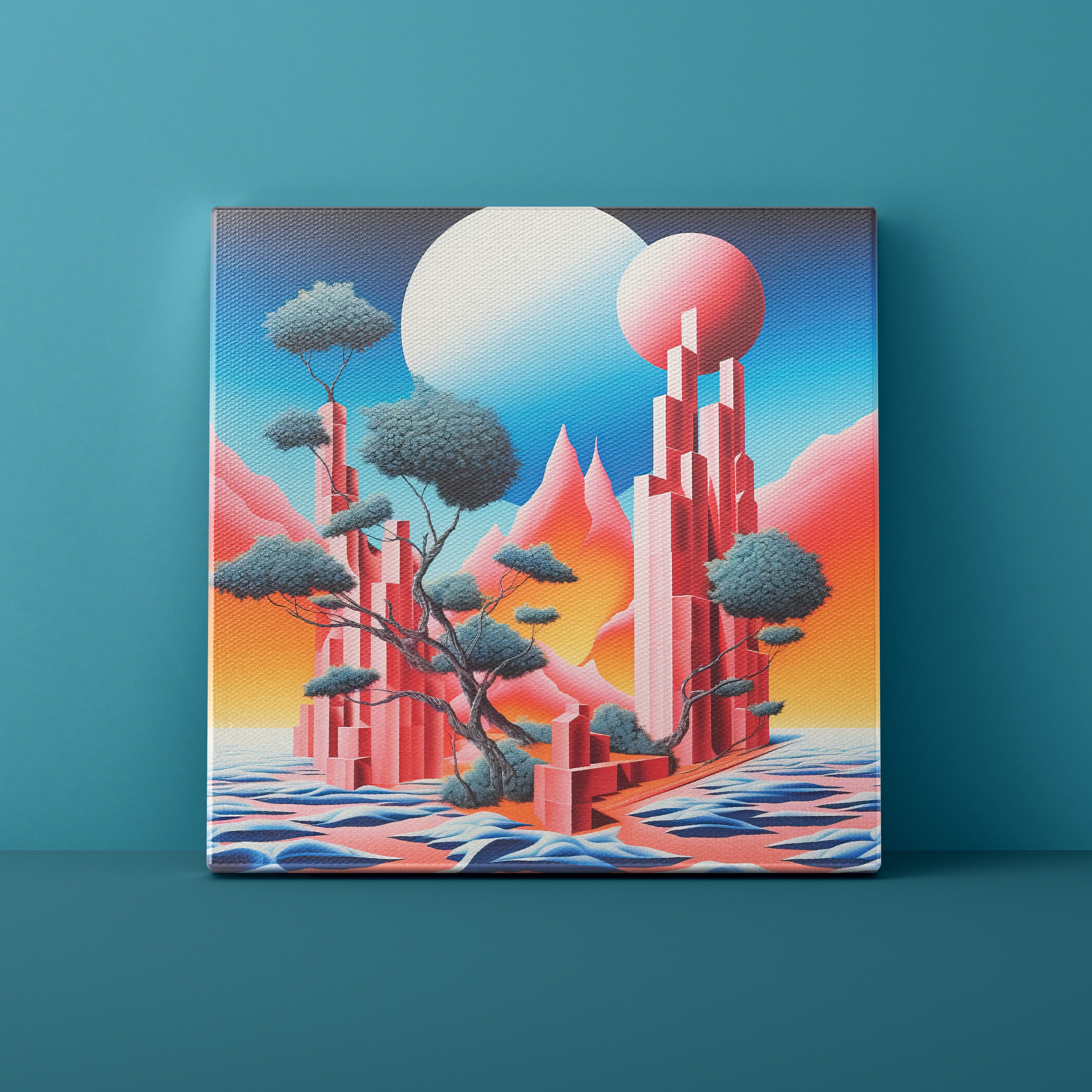 Surreal landscape with futuristic architecture and trees on a teal background