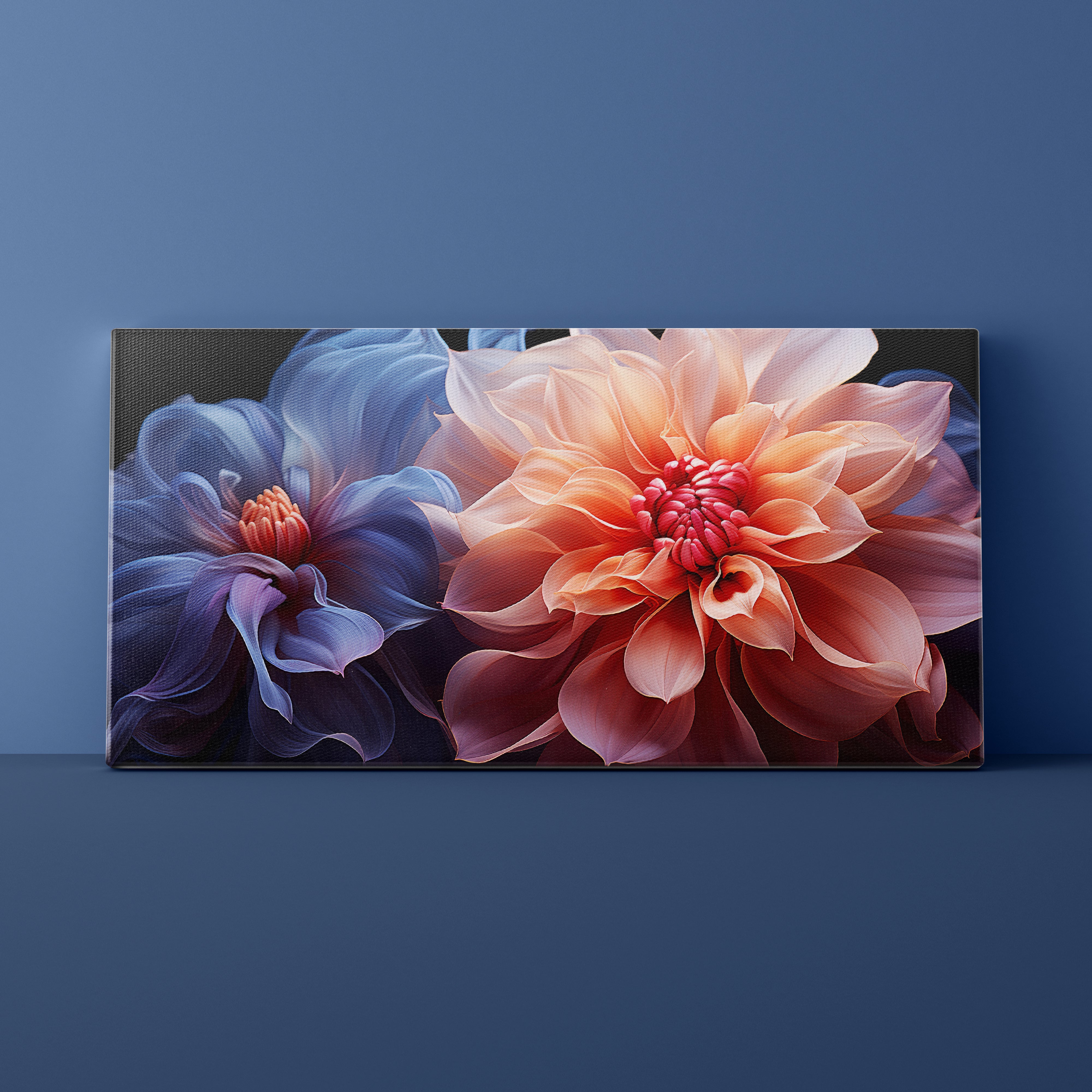 Floral painting with two flowers on a blue background