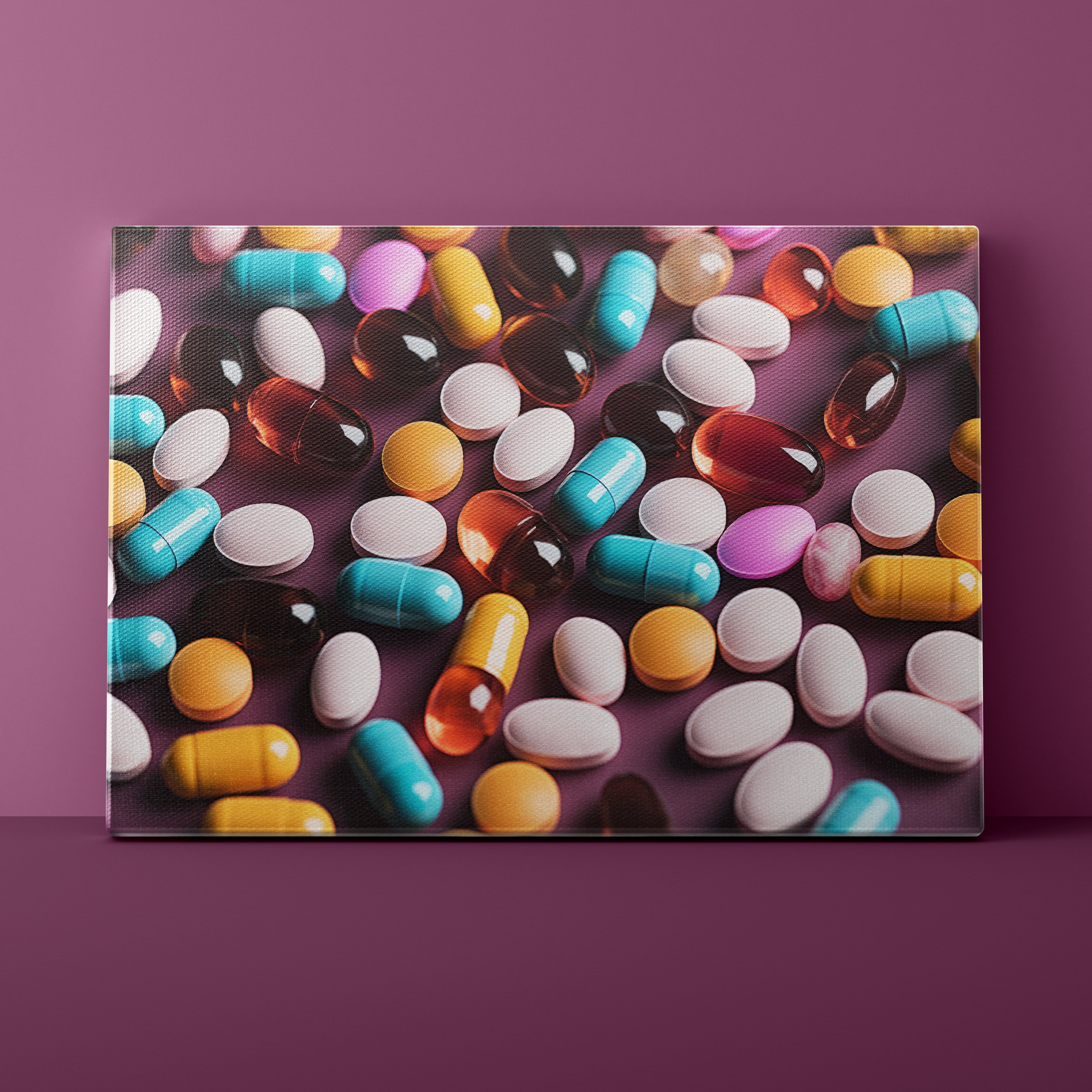 Colorful assortment of pills on a purple background