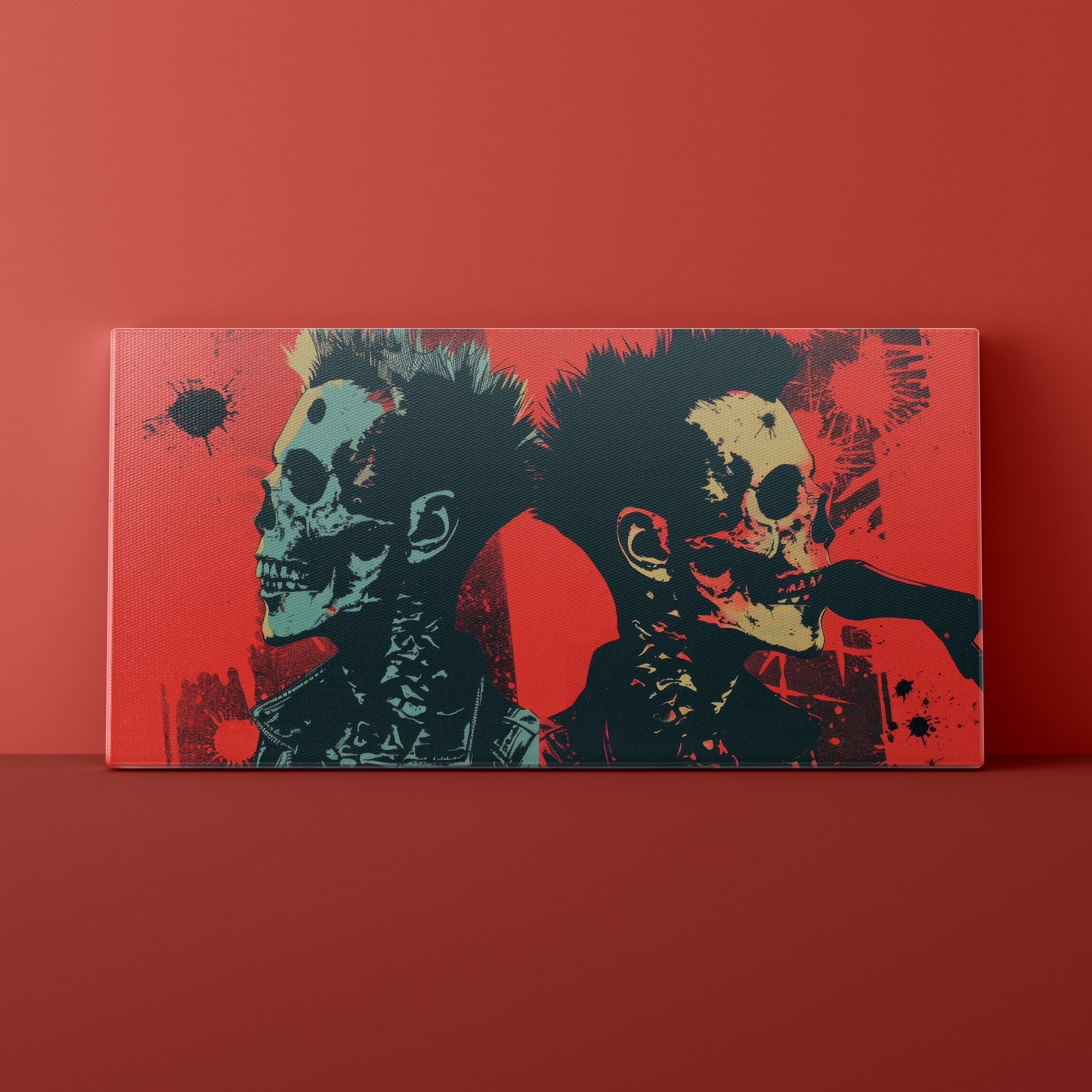 Canvas print with stylized skulls on a red background