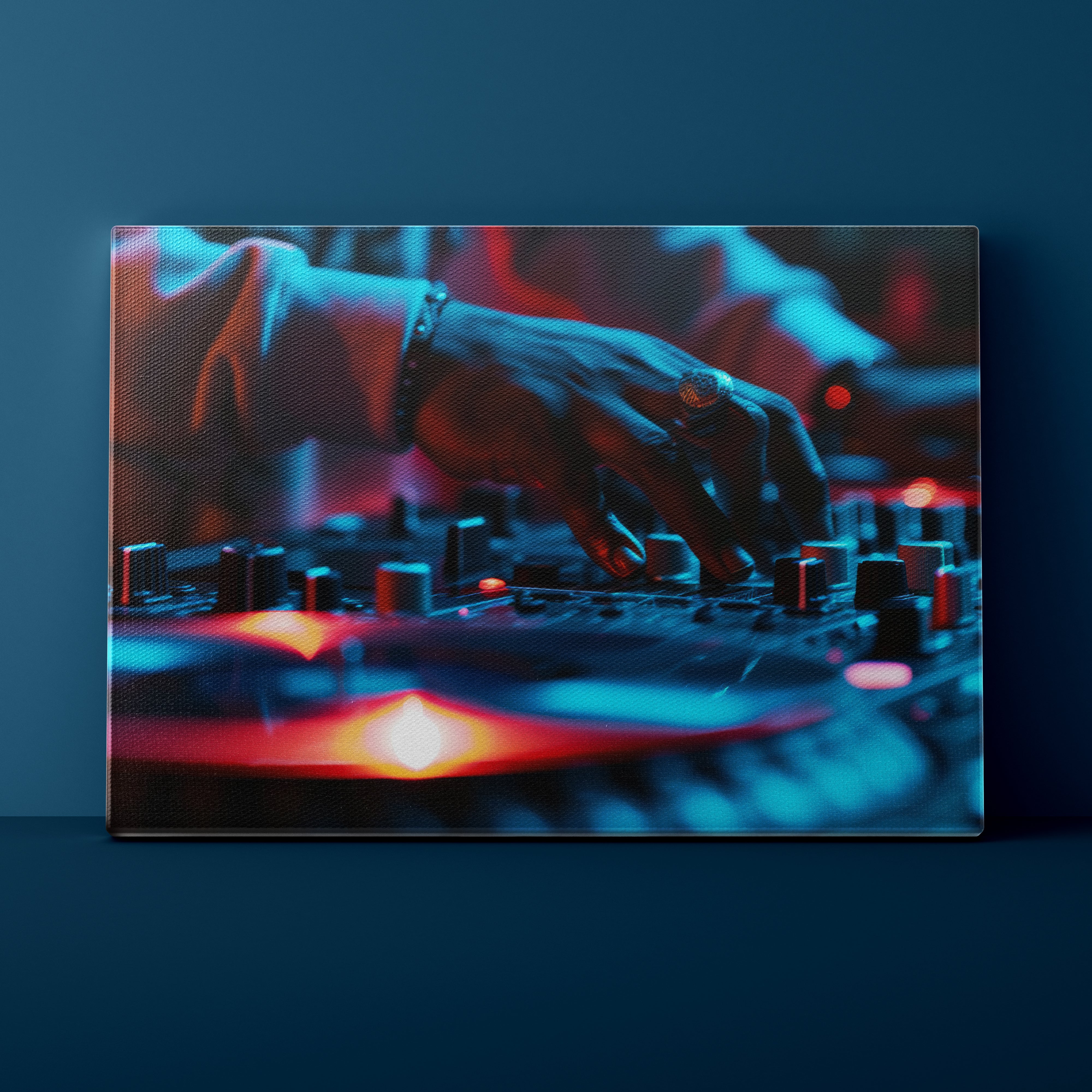 Close-up of hands operating a DJ turntable mixer with red and blue lighting on a dark background