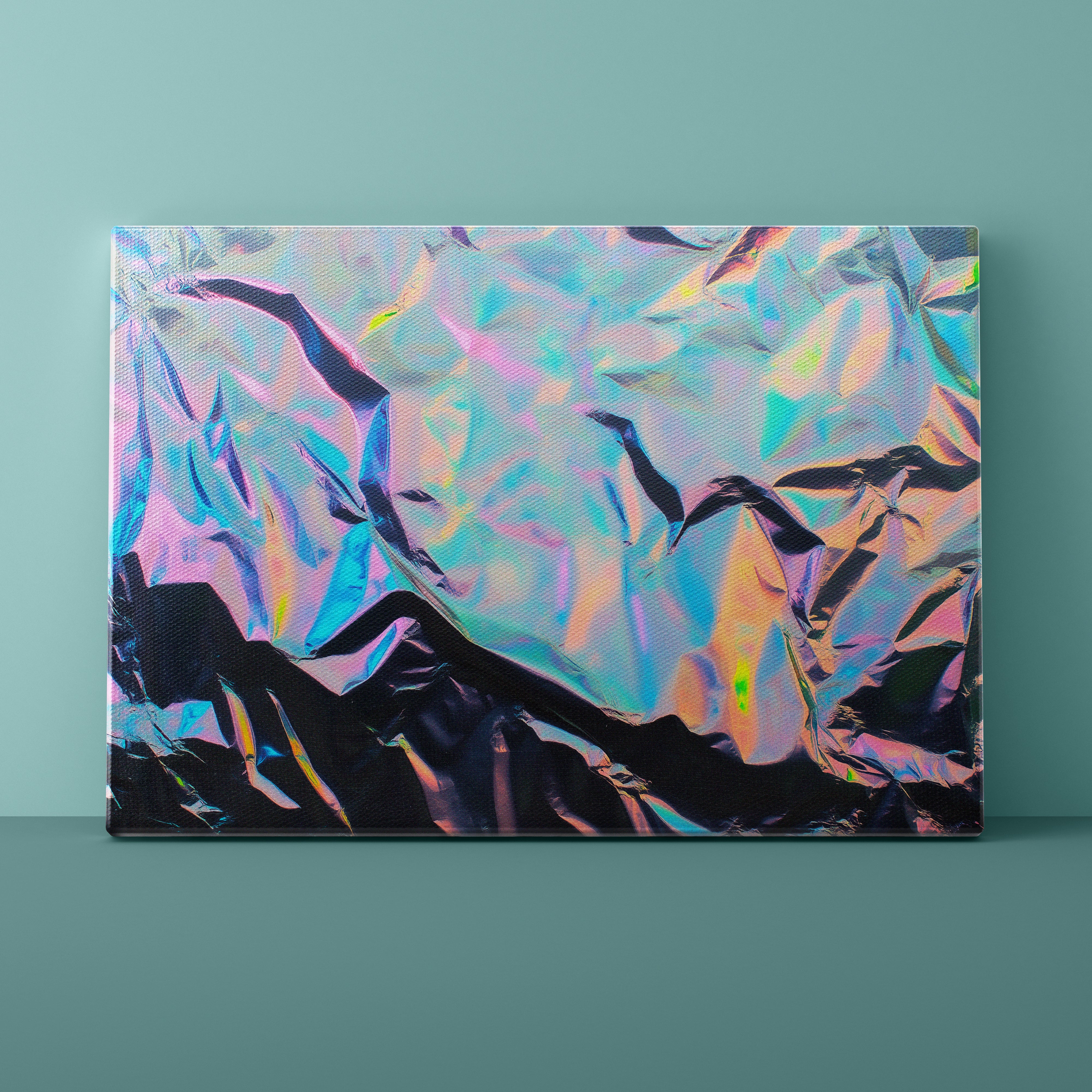Abstract art piece with colorful, crumpled paper texture on a teal background