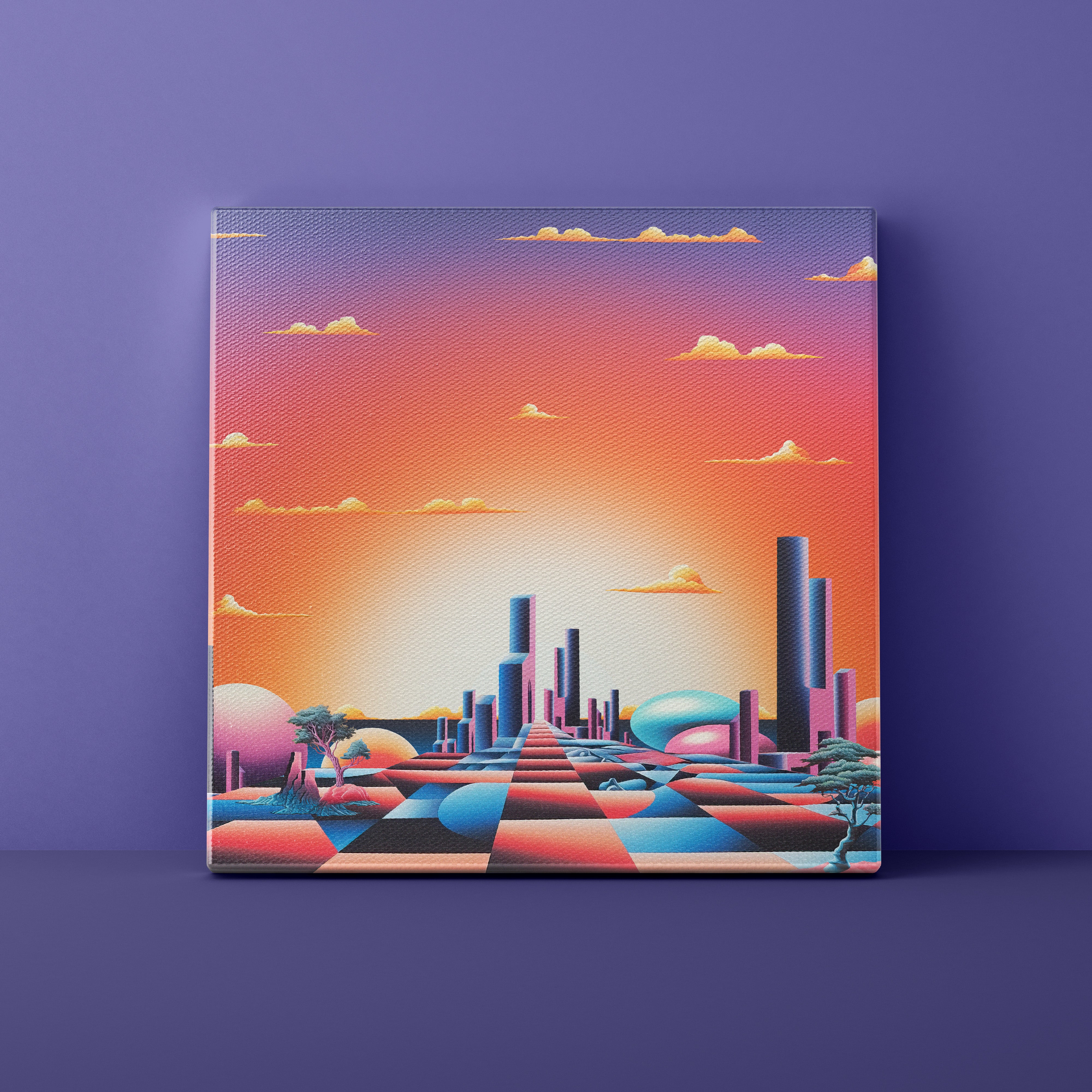 Canvas print of a futuristic cityscape with geometric shapes against a purple wall.