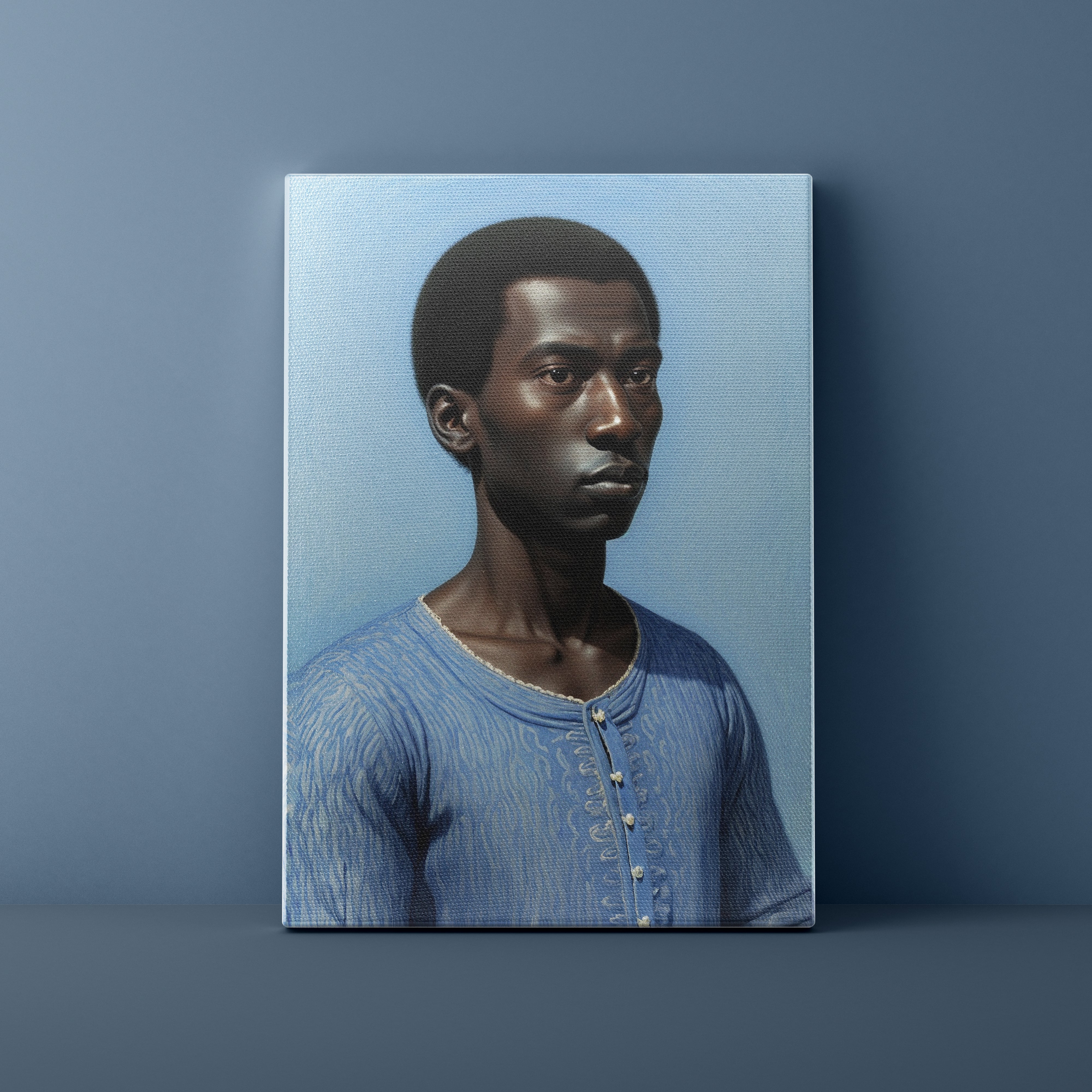 Canvas print of a man wearing a blue shirt against a blue background