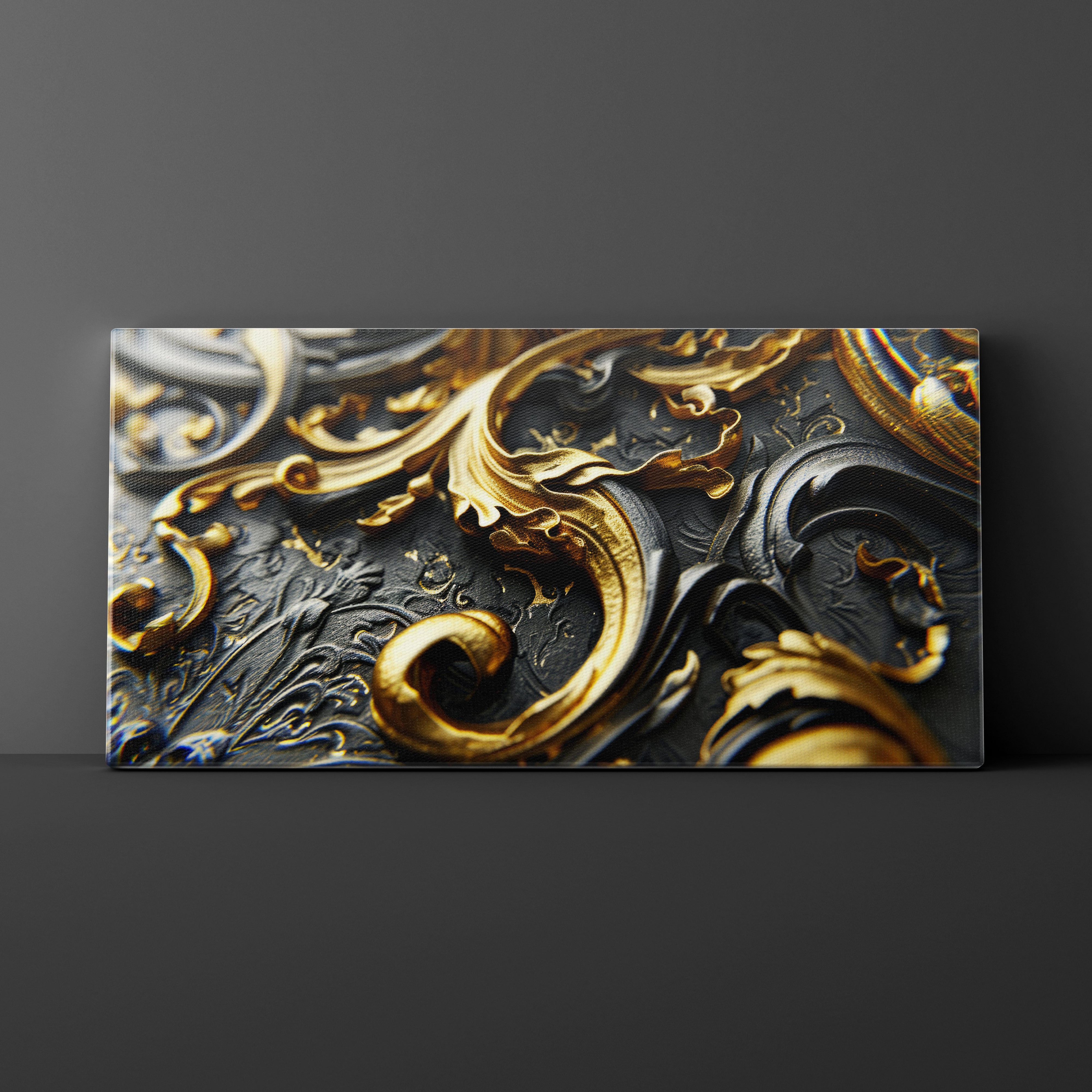 Decorative panel with intricate gold and black patterns on a dark background