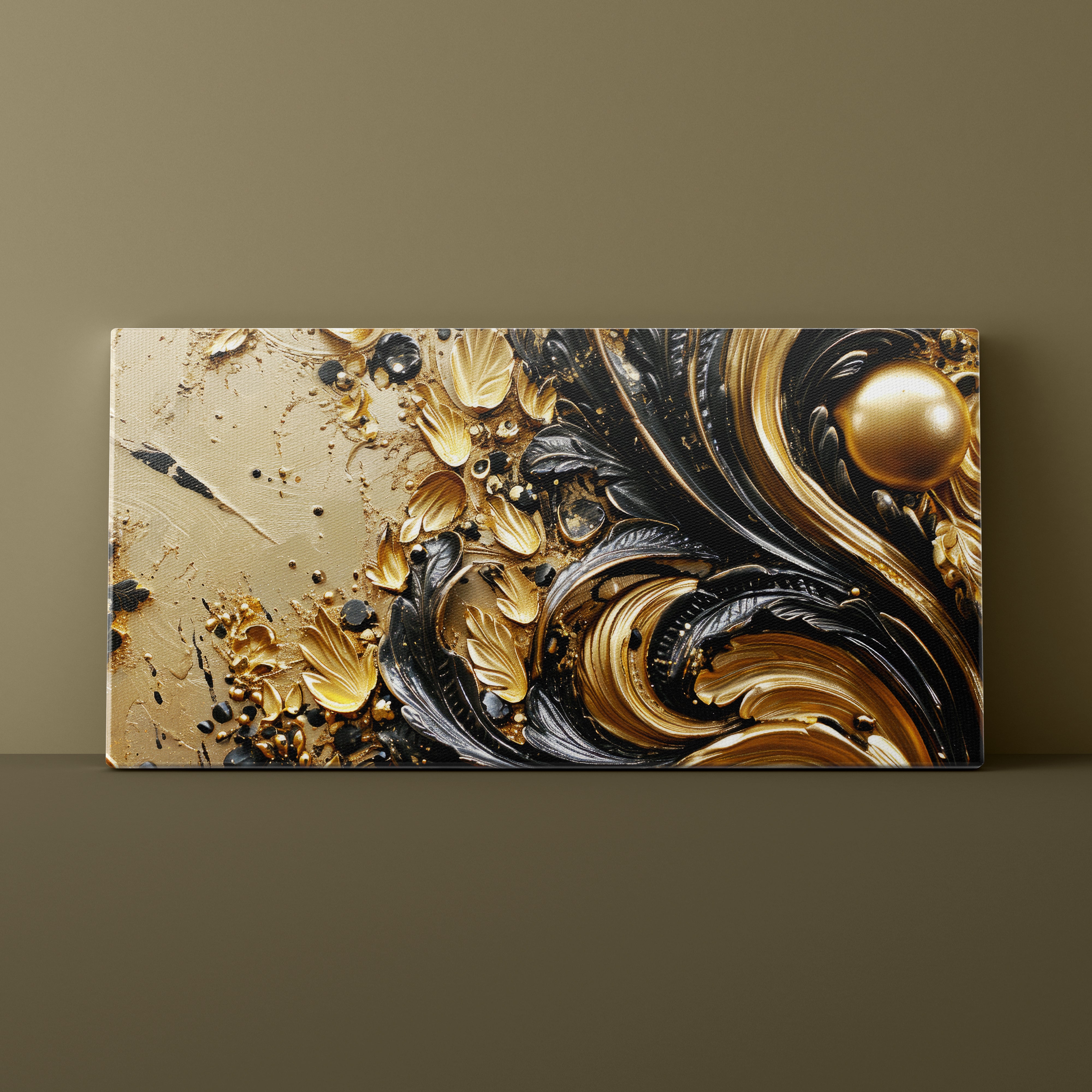 Abstract art piece with gold and black patterns on a brown background