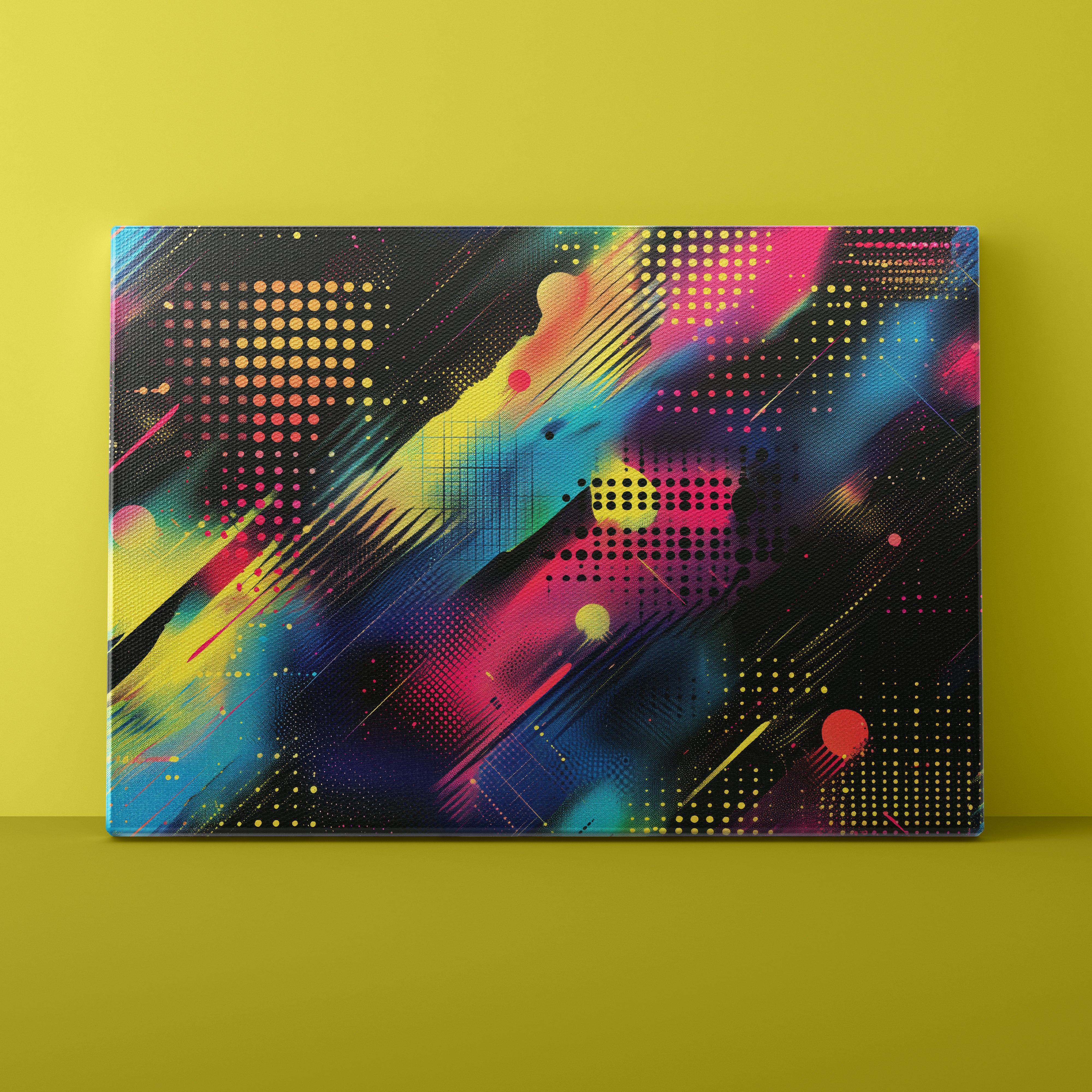 Colorful abstract design on a black background against a yellow wall