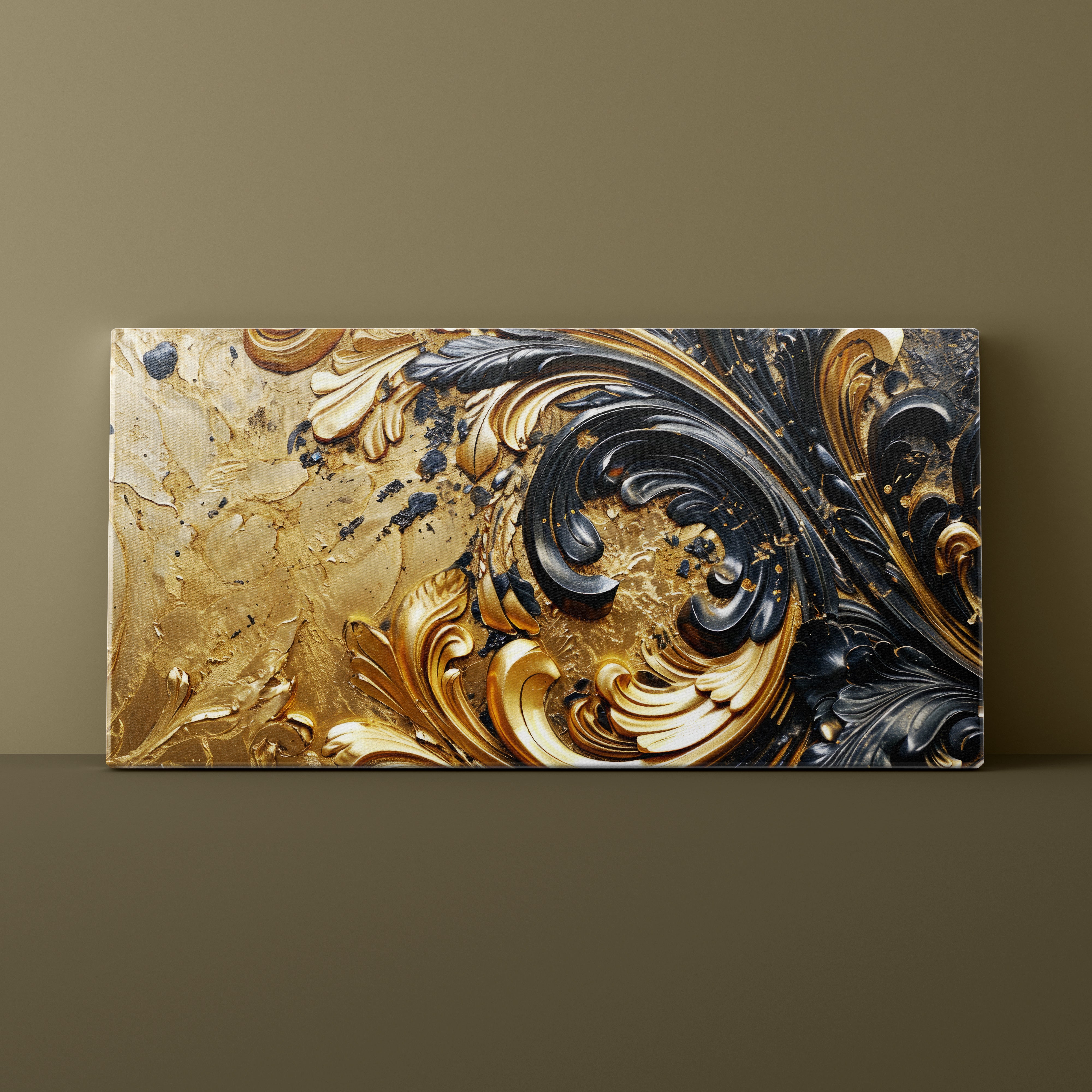 Decorative wall art with gold and black abstract design on a brown background