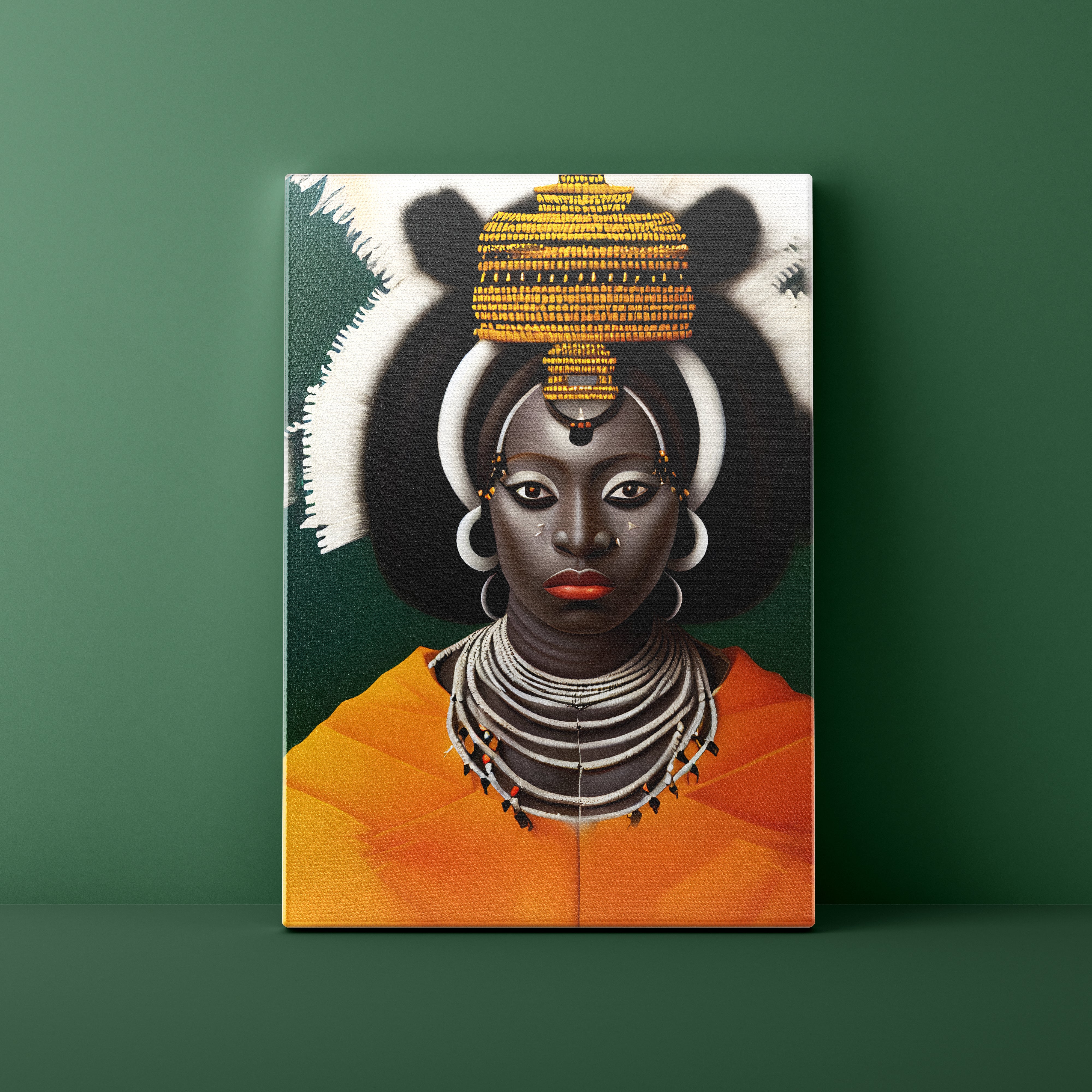 Canvas print of a stylized portrait with geometric patterns on a green background