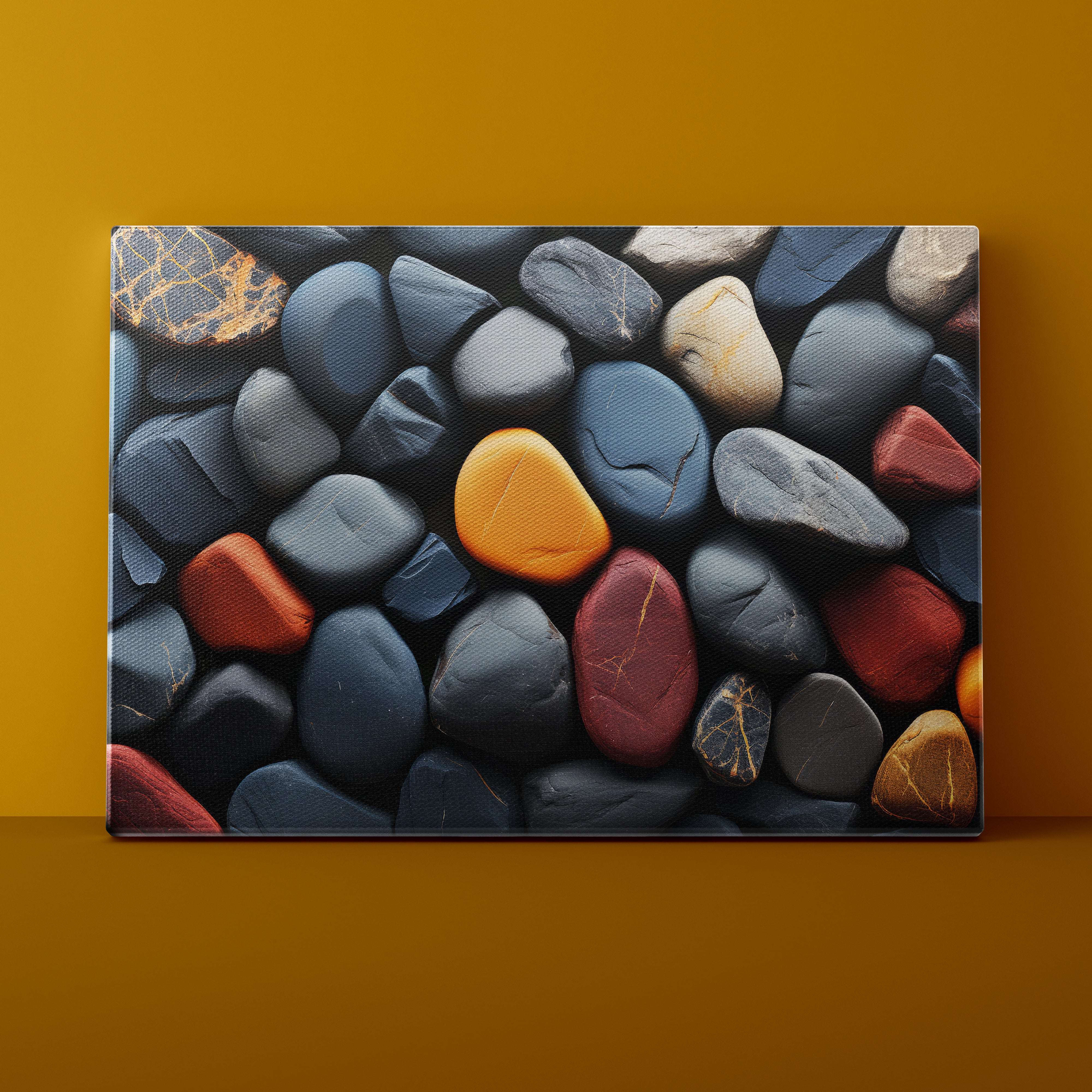 Canvas print of colorful pebbles against a yellow background