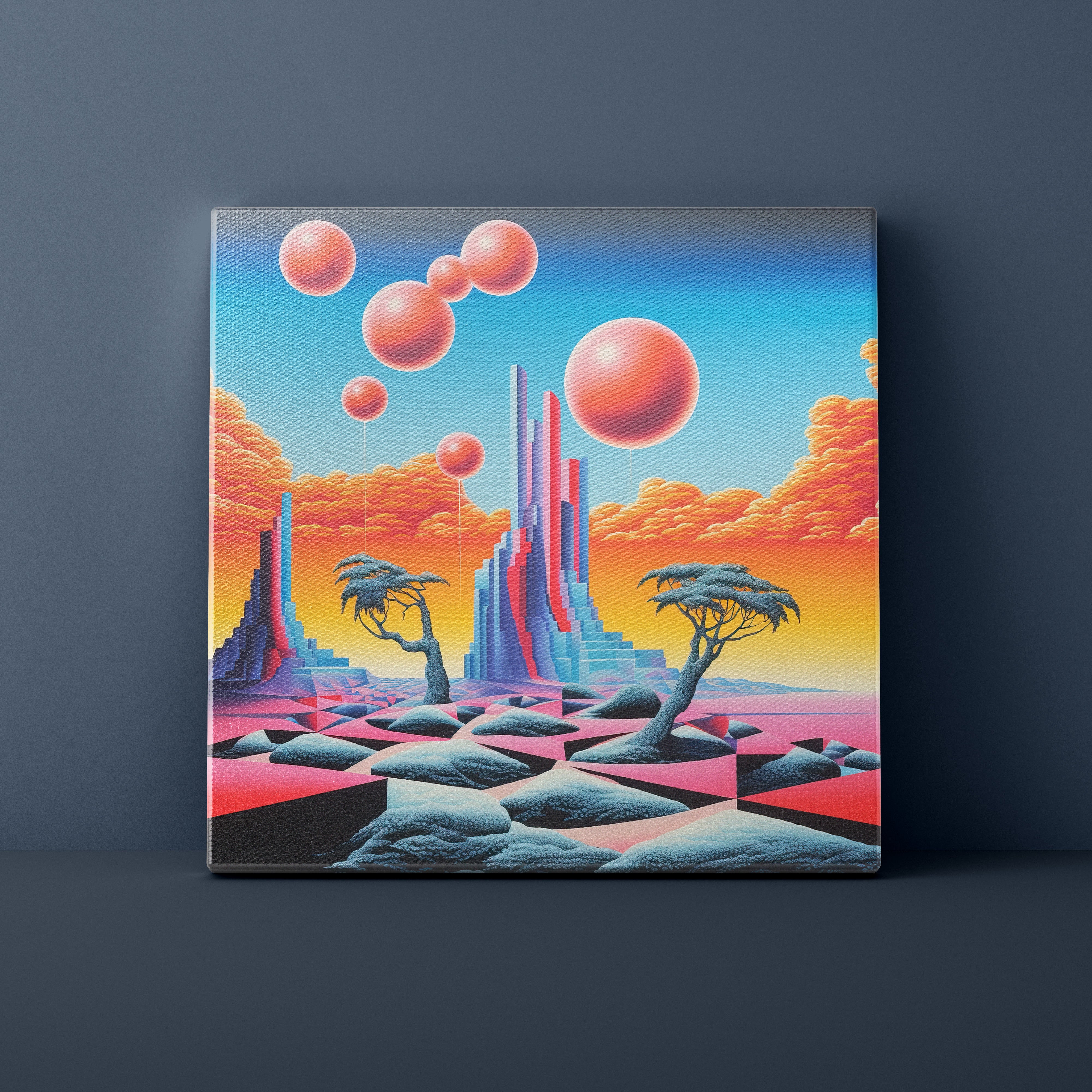 Futuristic landscape with colorful planets and advanced architecture on a dark gray background