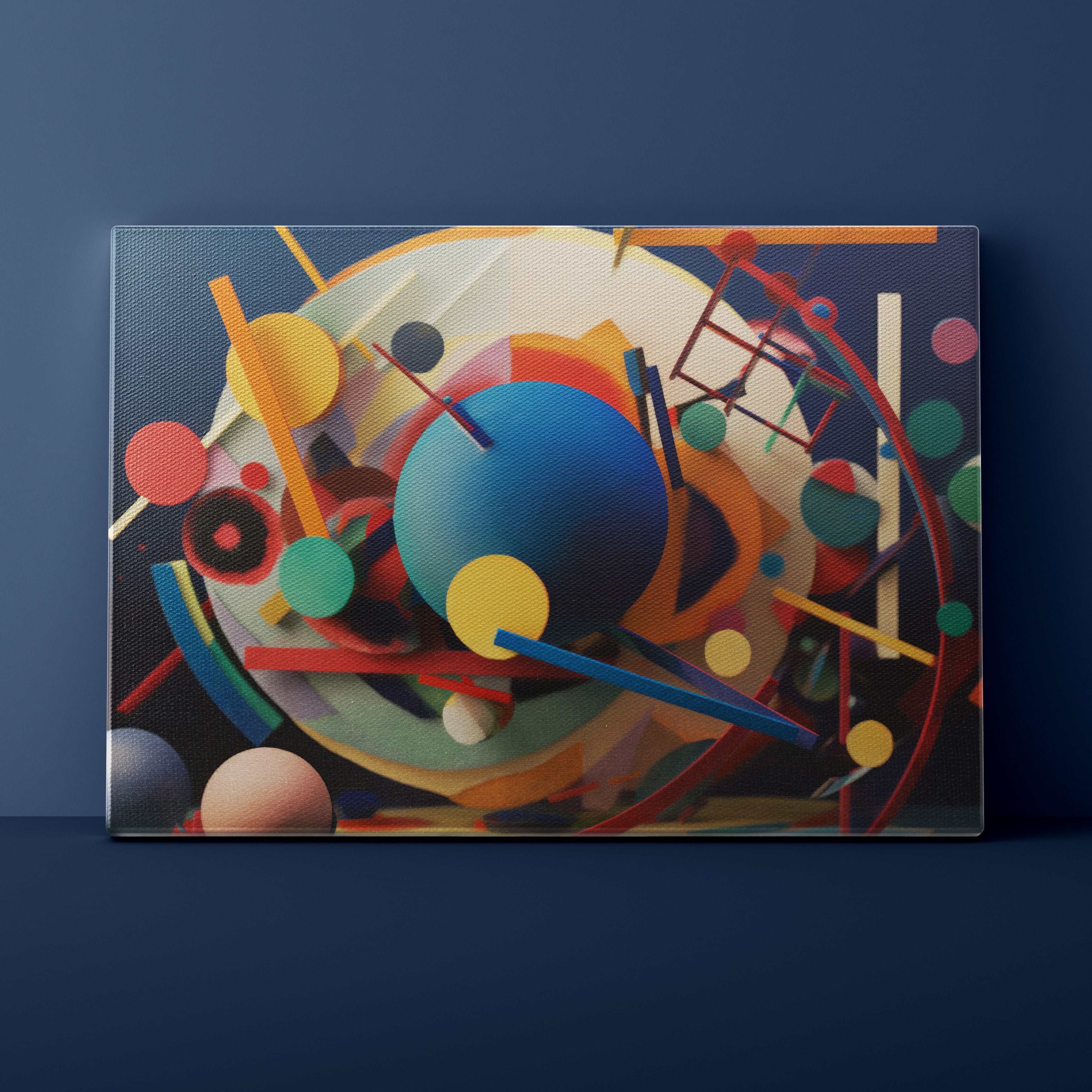 Abstract art piece with colorful geometric shapes on a dark blue background