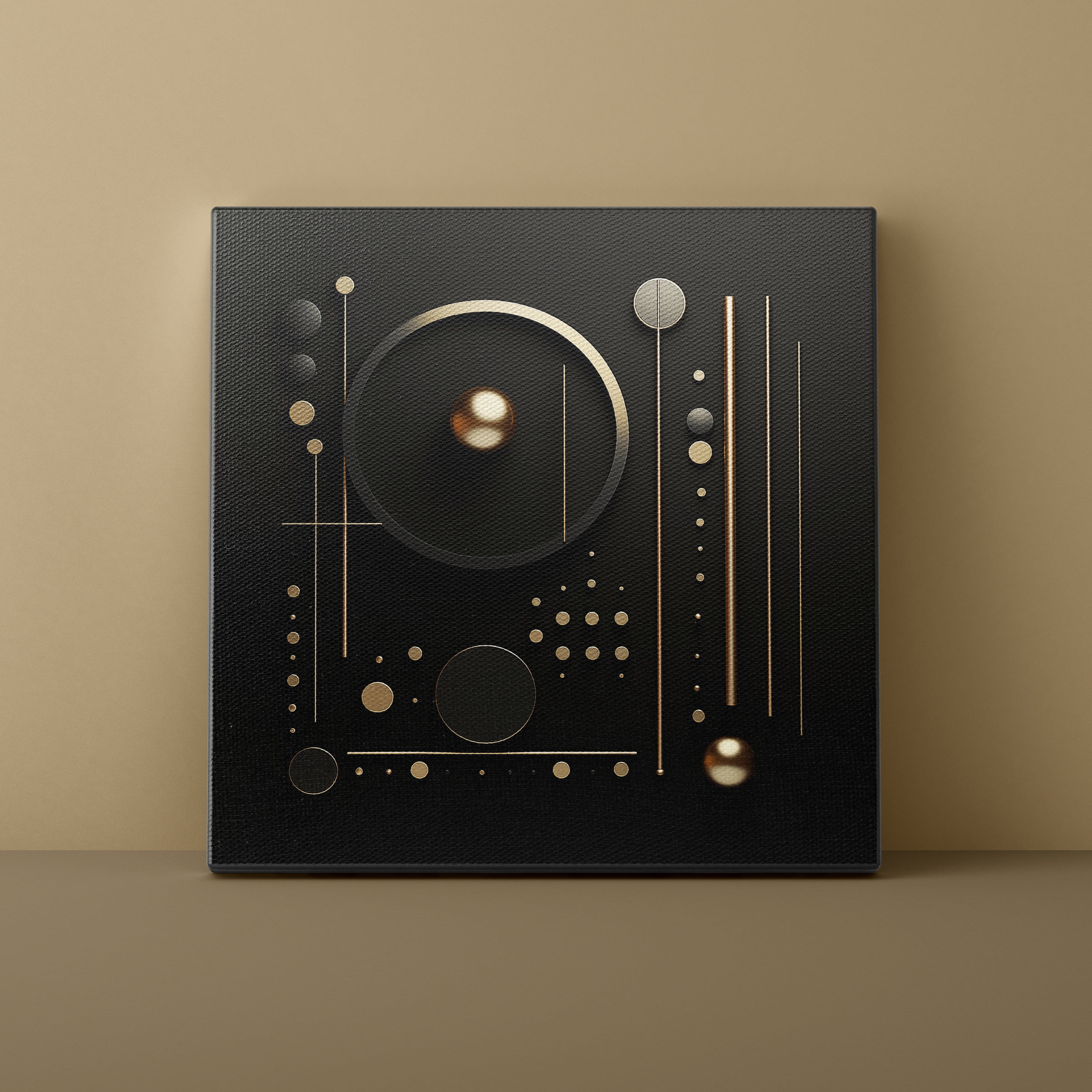 Decorative wall art with geometric shapes on a black background against a beige wall.