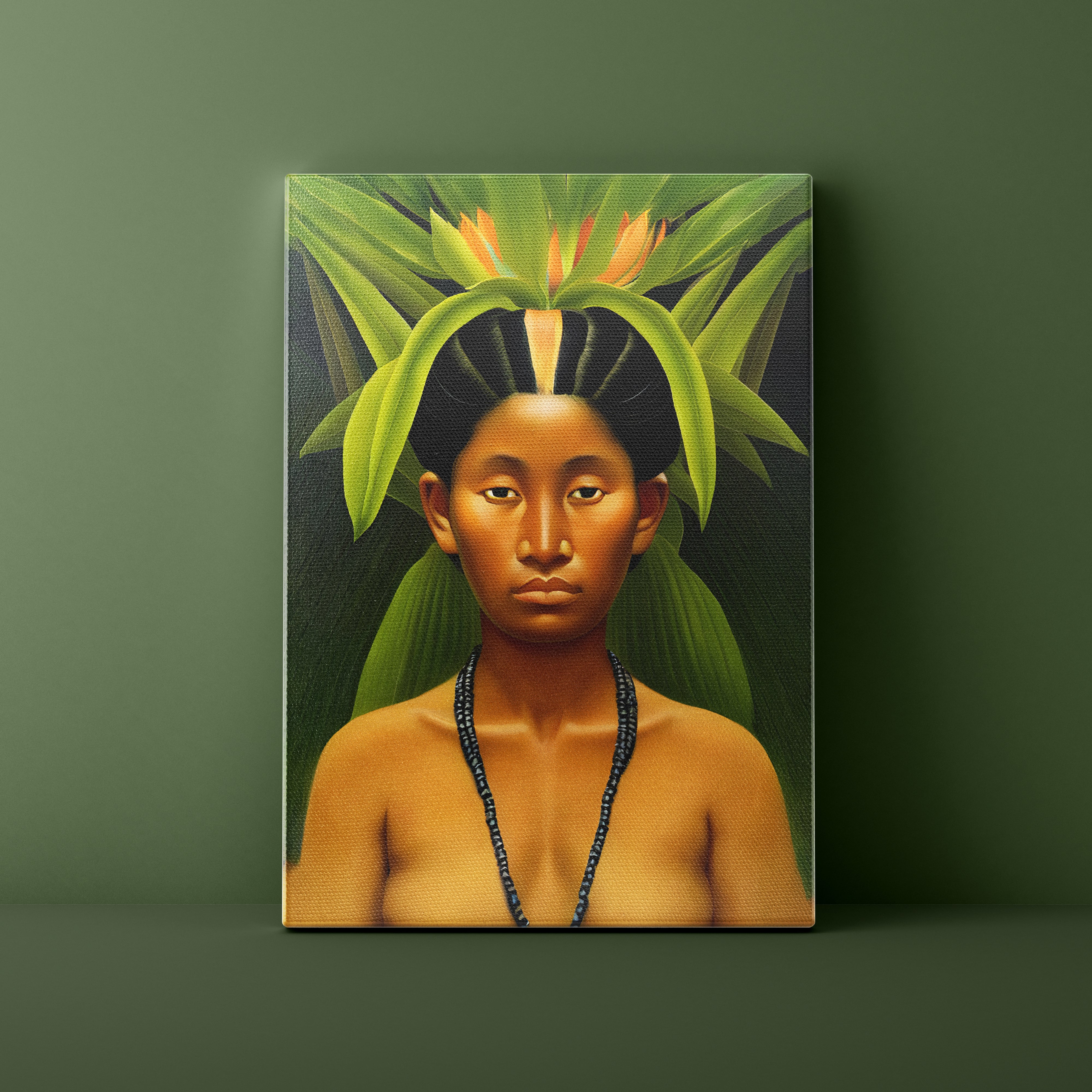 Canvas print of a person with green leaves on a dark green background