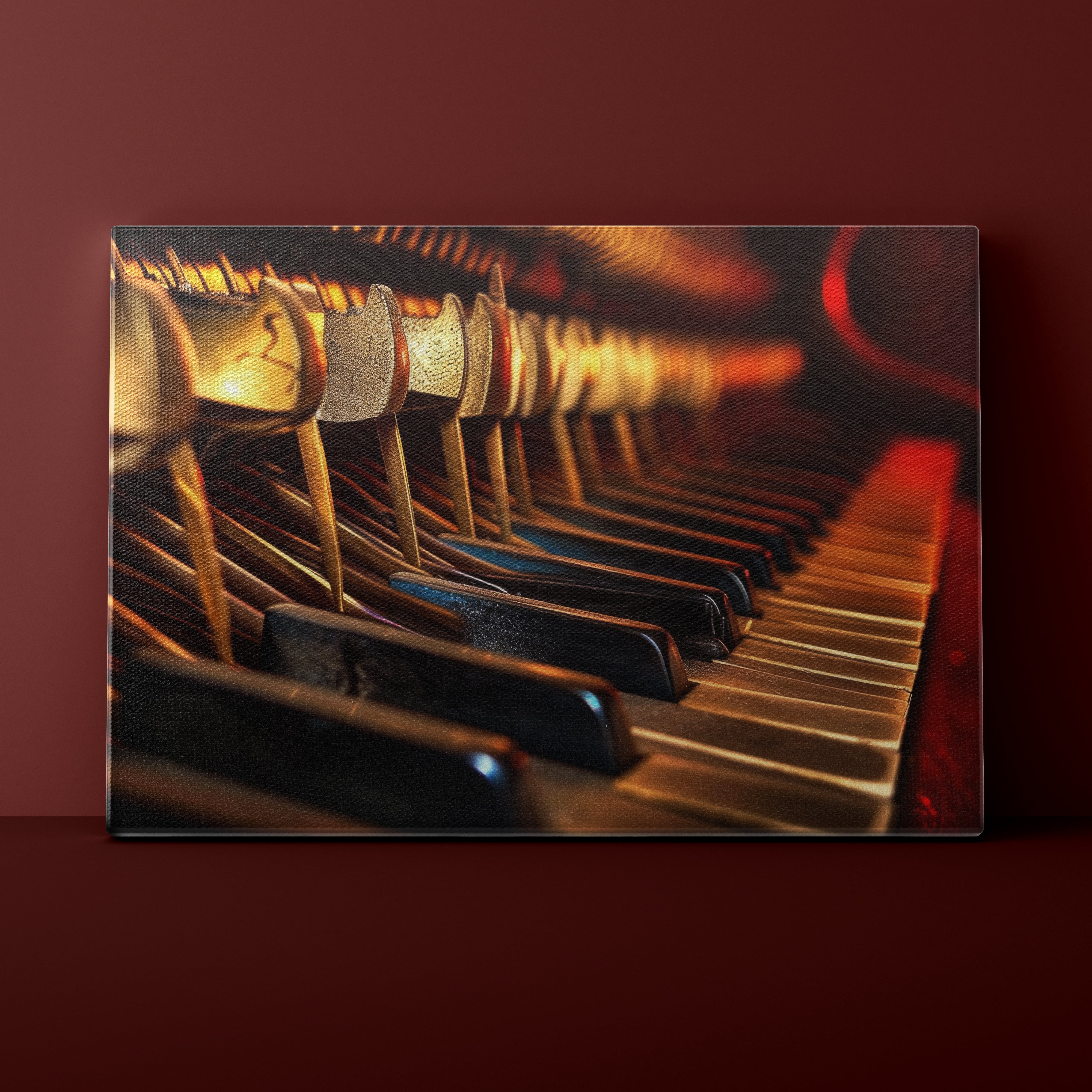 Close-up of a piano keyboard with warm lighting on a dark red background