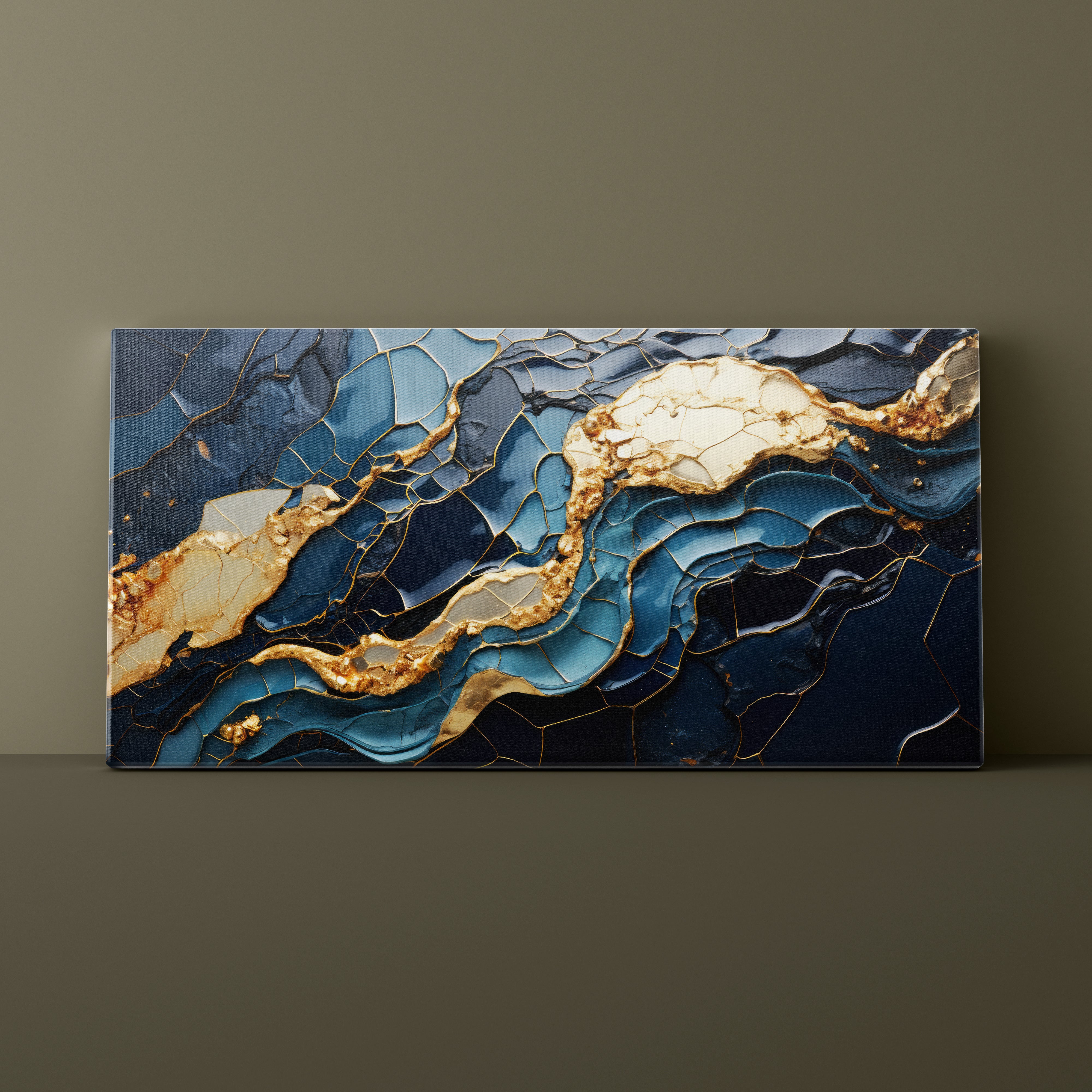 Abstract art piece with blue and gold patterns on a dark background