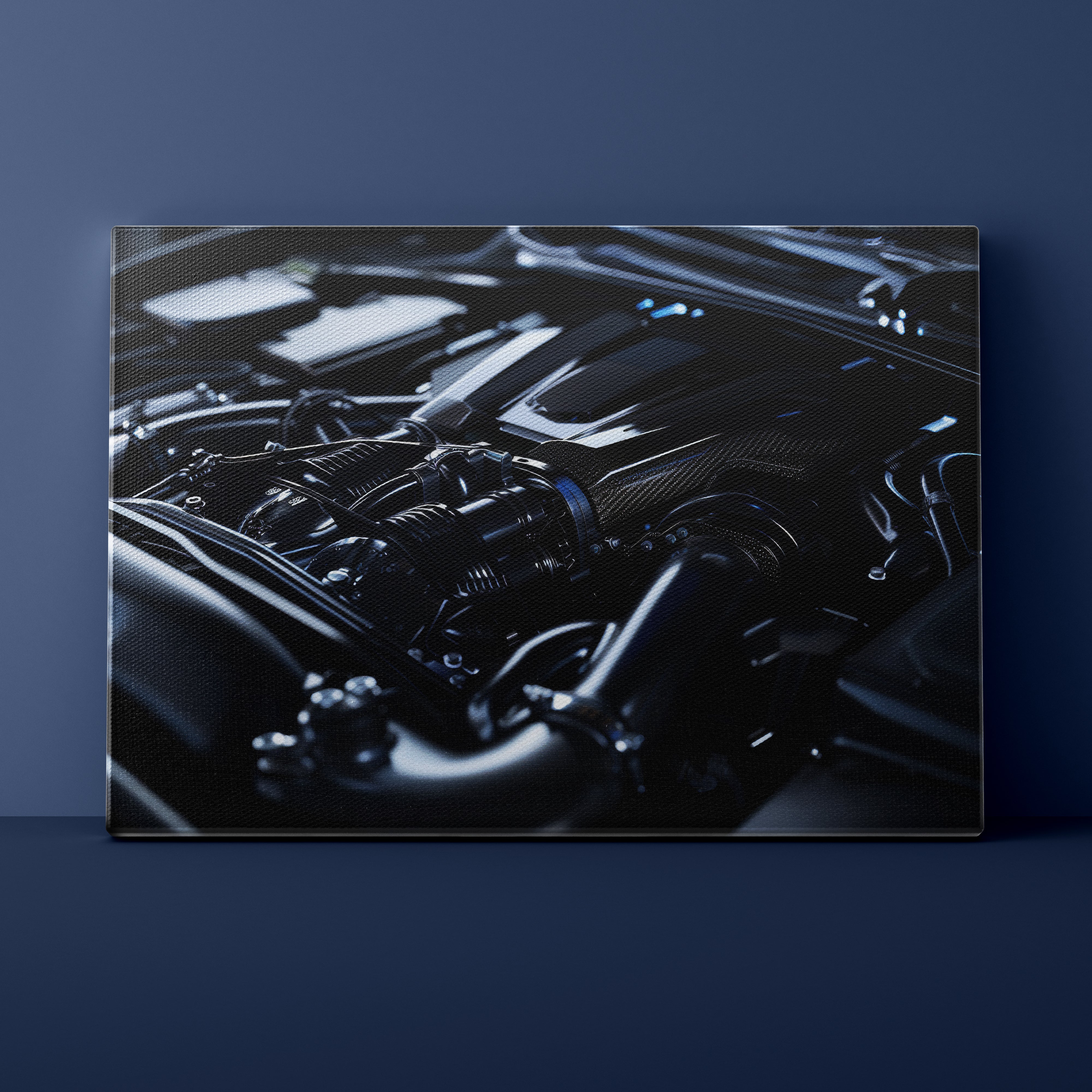 Close-up of a car engine on a dark blue background
