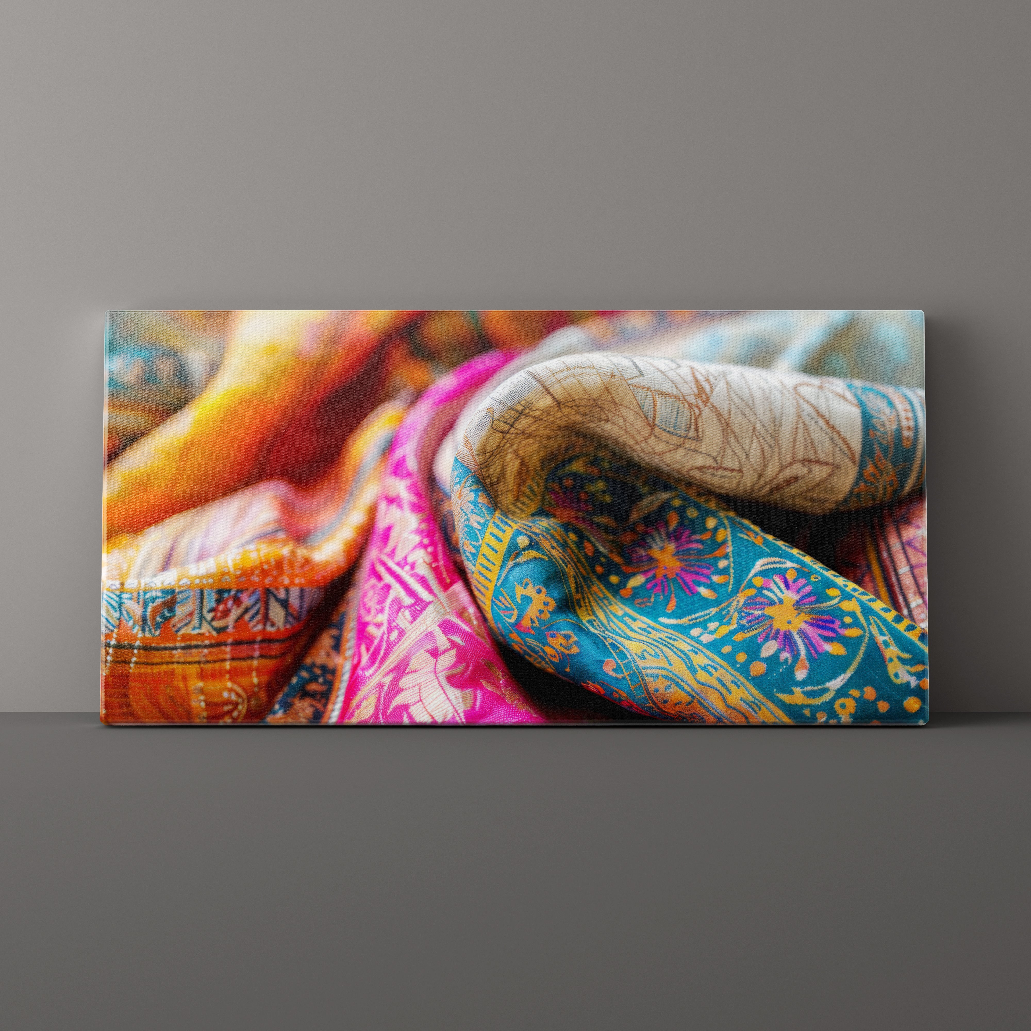 Canvas print of colorful fabric patterns on a gray wall