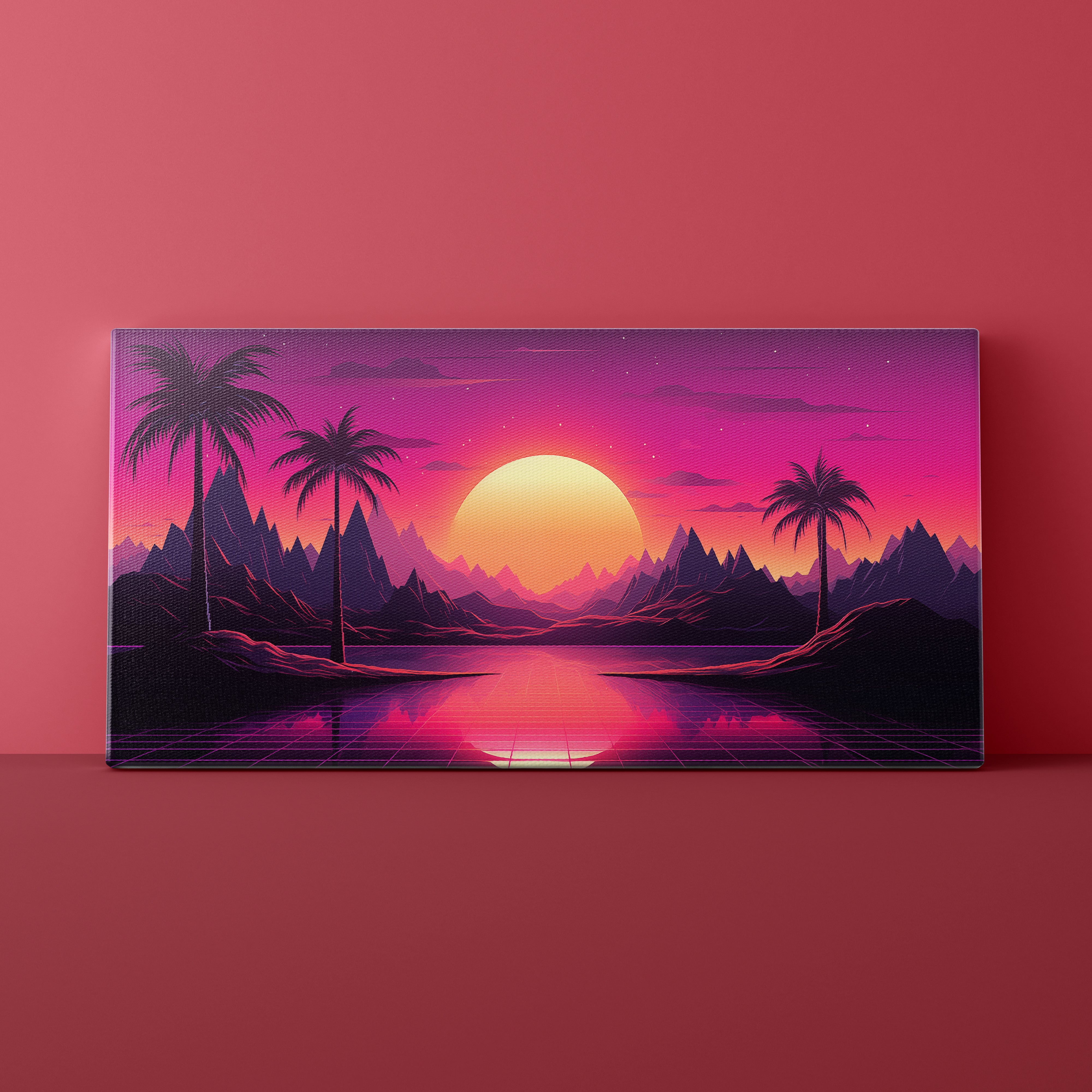 Canvas print of a futuristic landscape with palm trees, mountains, and a large sun on a red background.