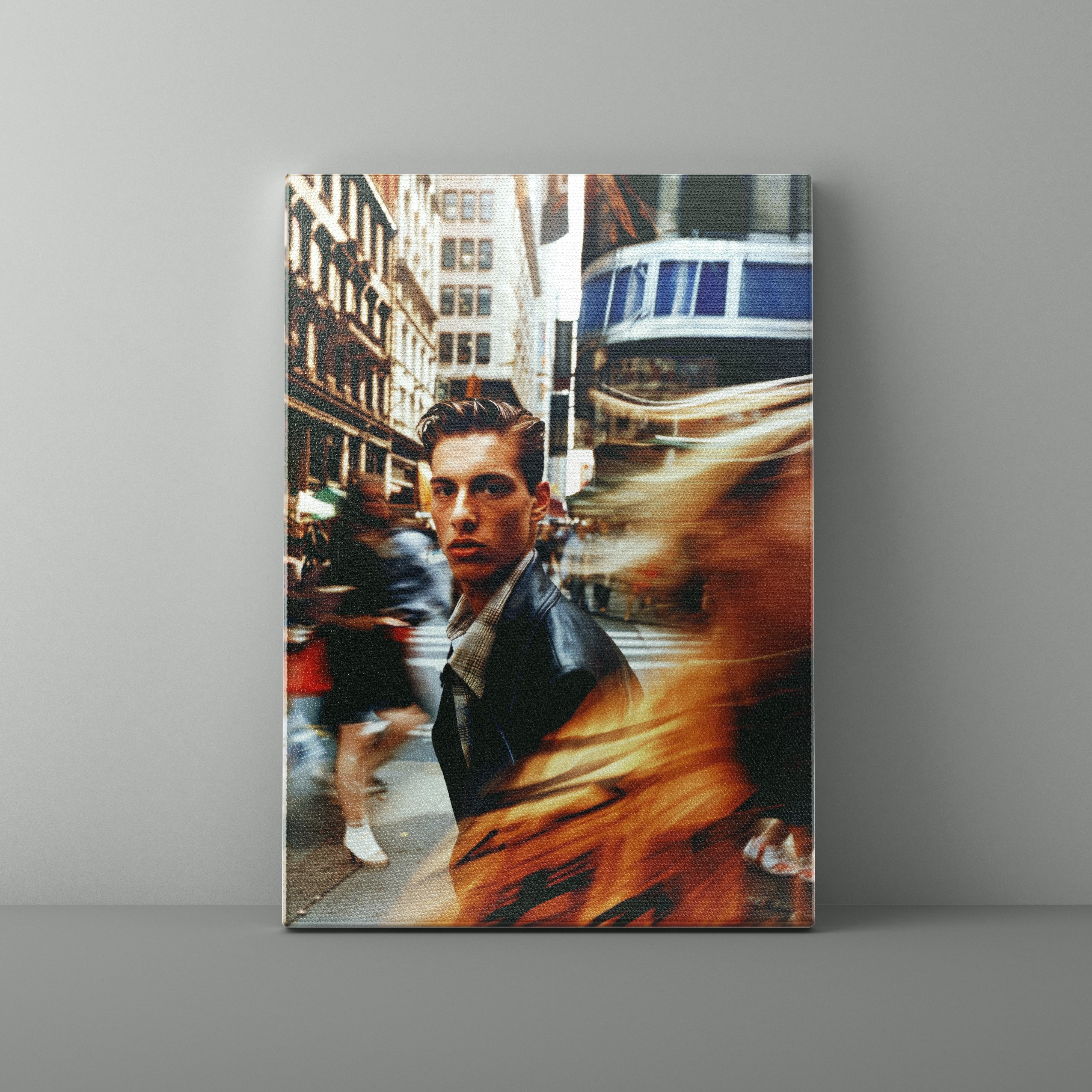 Canvas print of a city street scene with a person in the foreground.