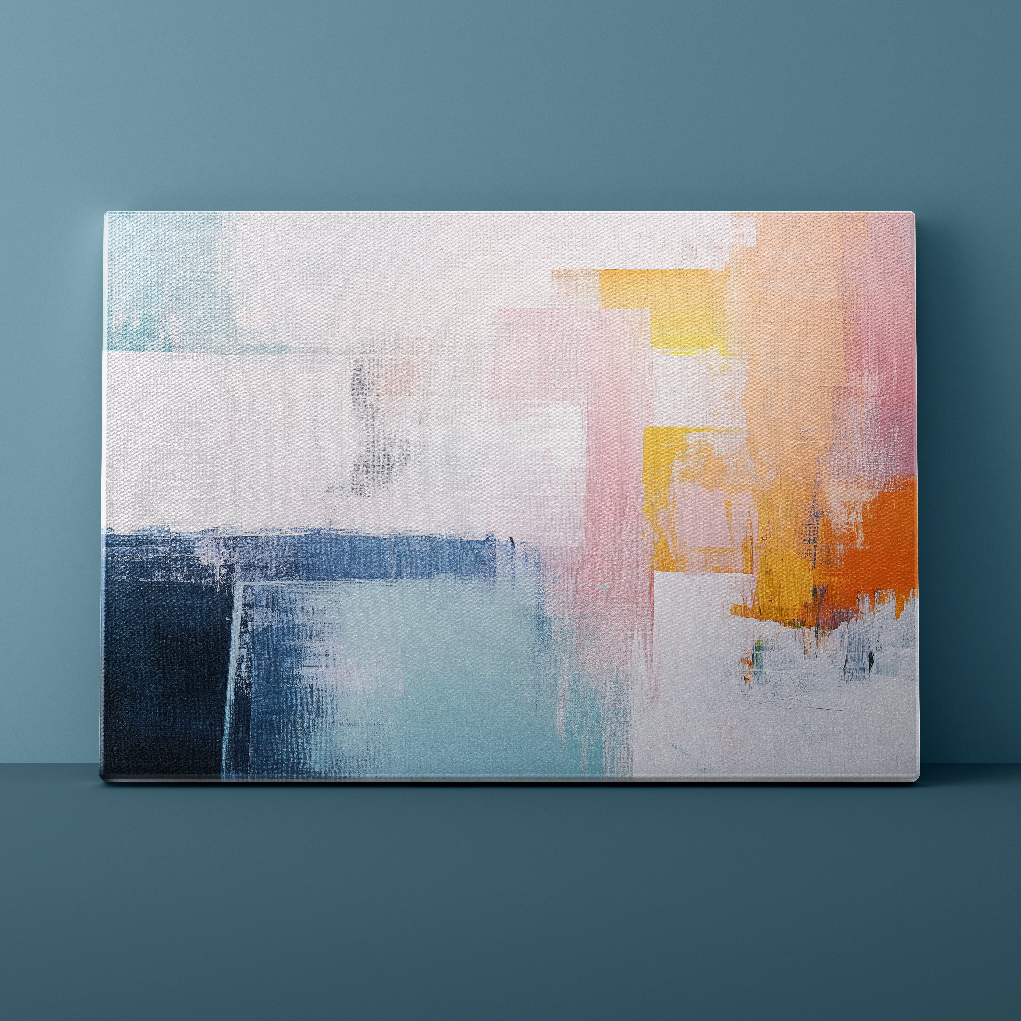 Abstract painting with orange, pink, and blue on a teal wall