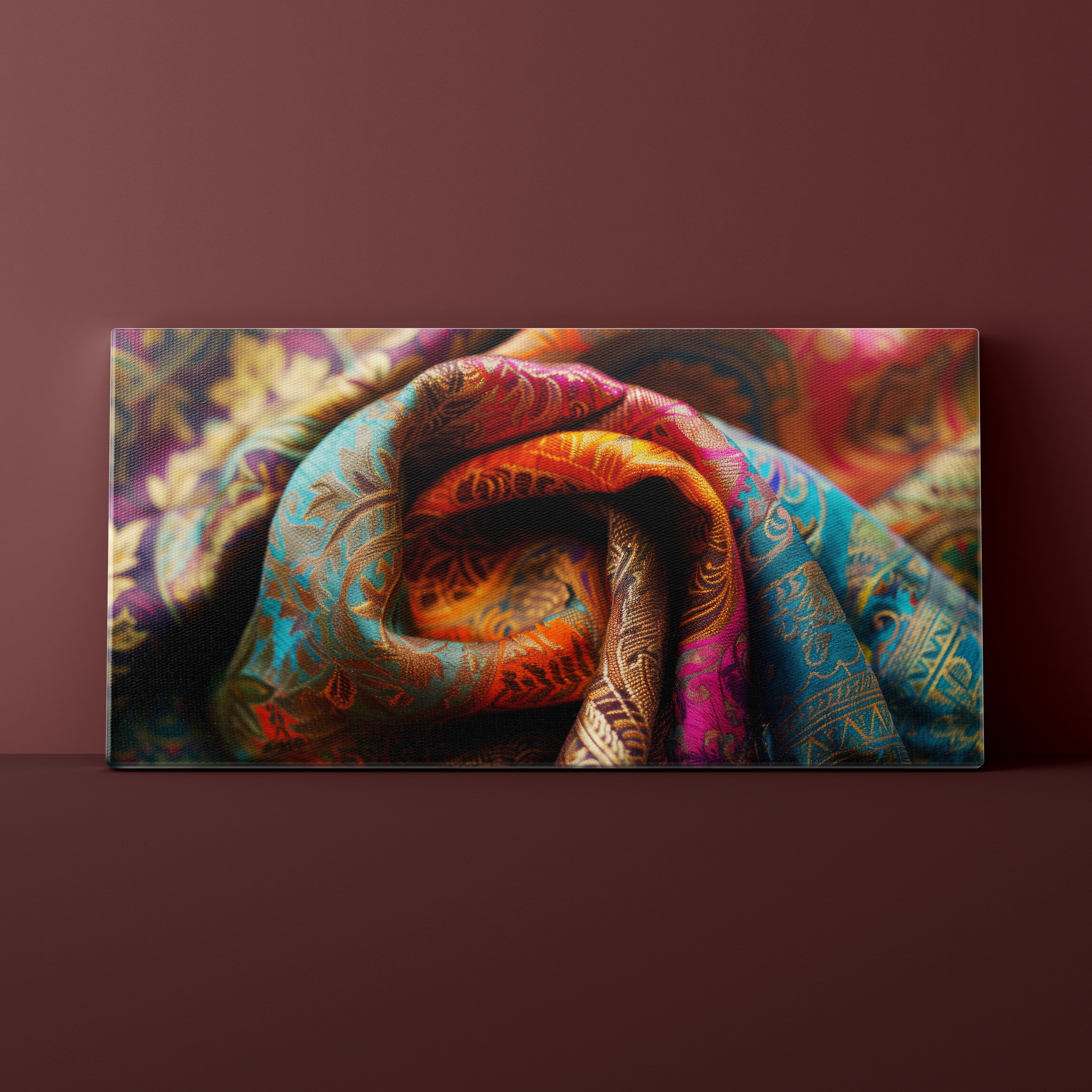 Colorful fabric with intricate patterns on a maroon background