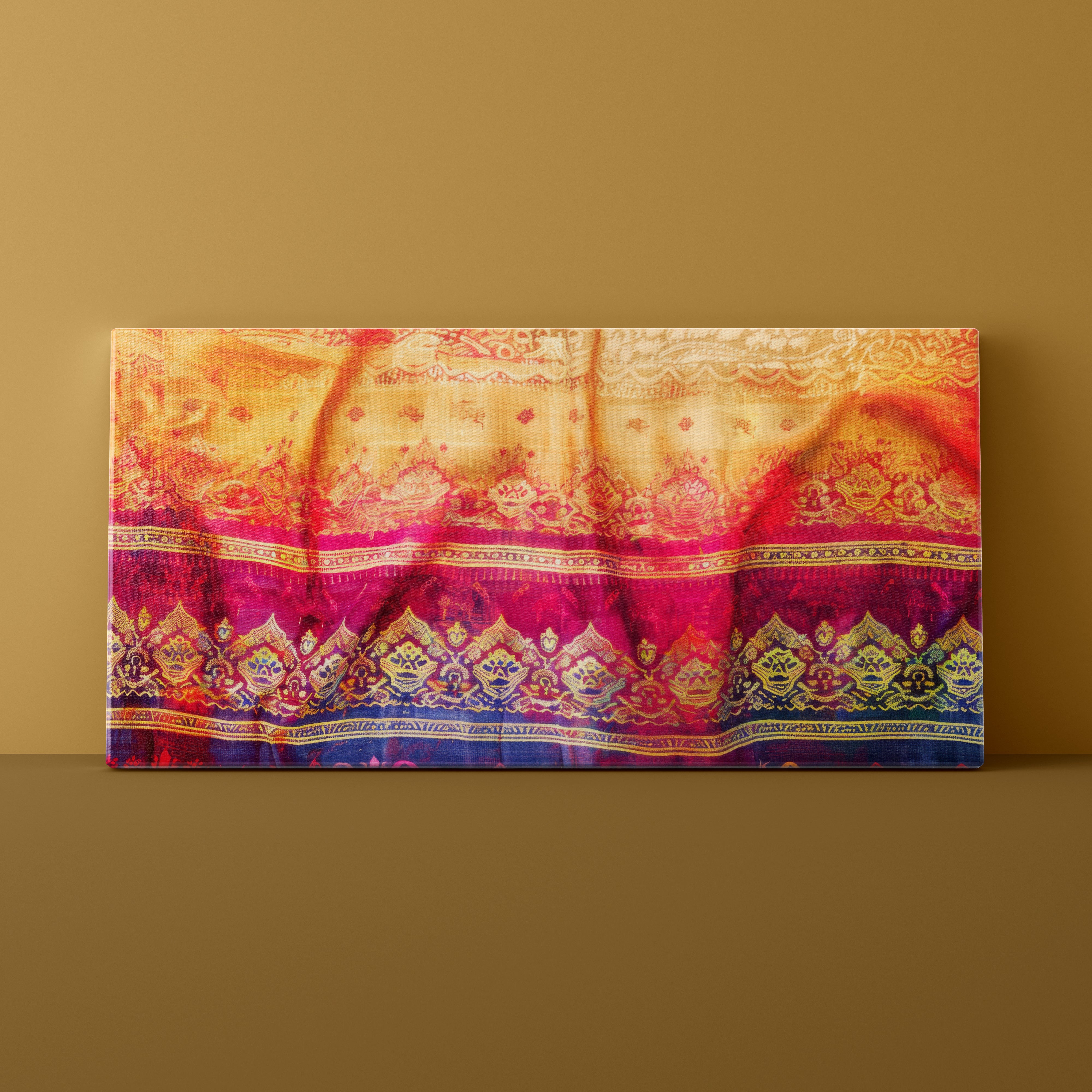 Decorative fabric with intricate patterns on a brown background