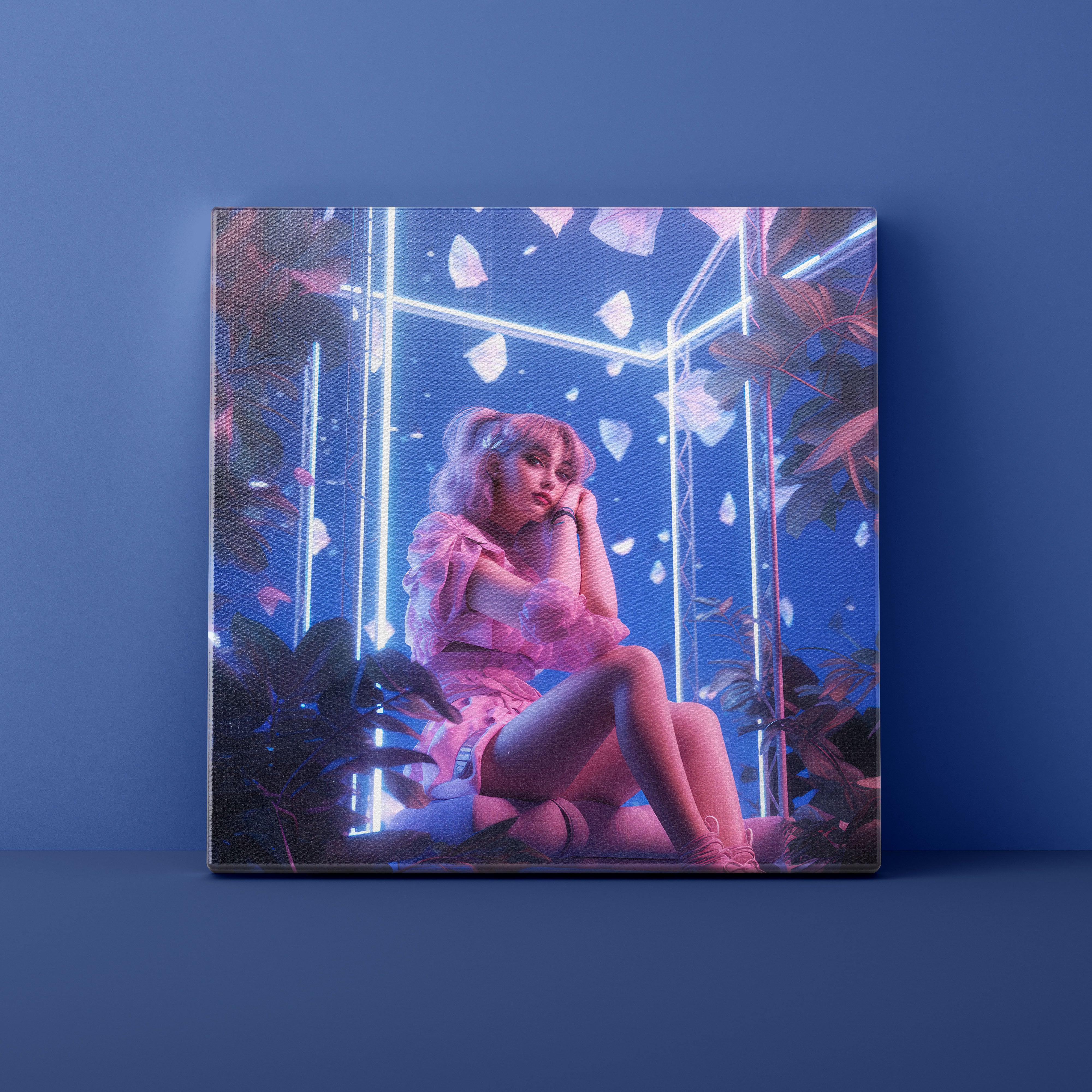Canvas print of a person in a pink dress sitting in a futuristic setting with neon lights and plants.
