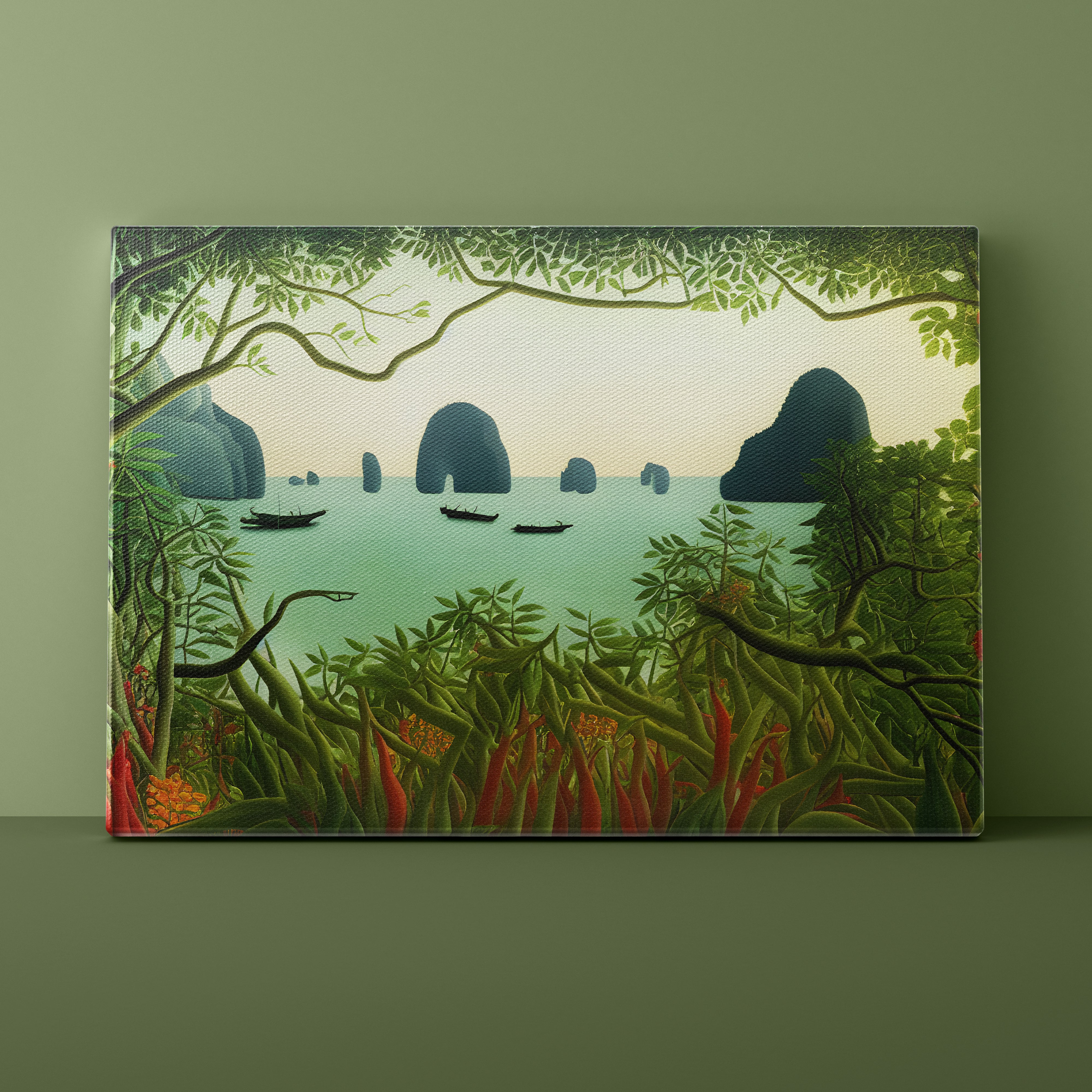 Illustration of a tropical landscape with boats on a body of water, surrounded by lush greenery and red flowers.