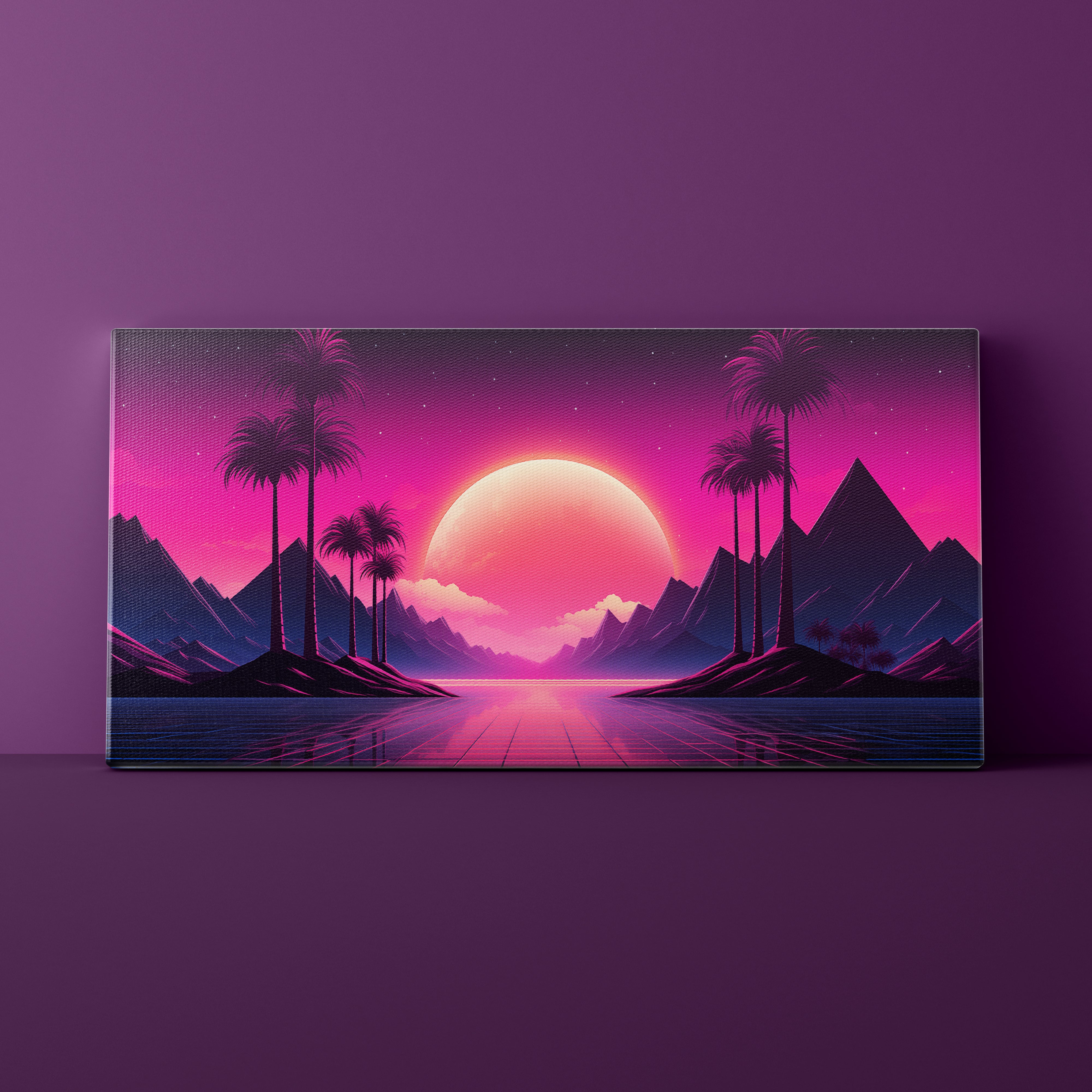 Canvas print of a futuristic landscape with a pink sun and purple mountains on a purple background