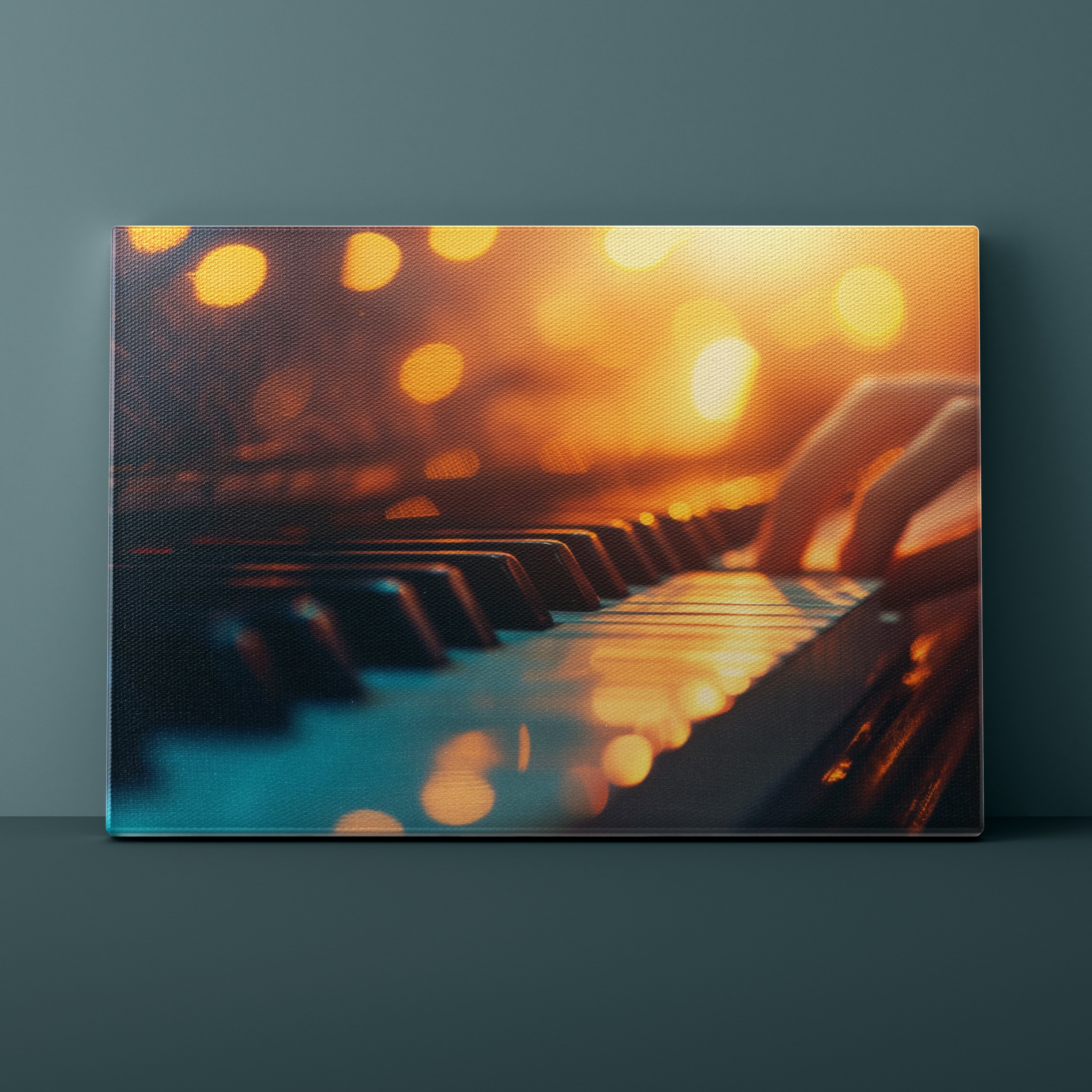 Canvas print of a piano keyboard with a warm, blurred light background